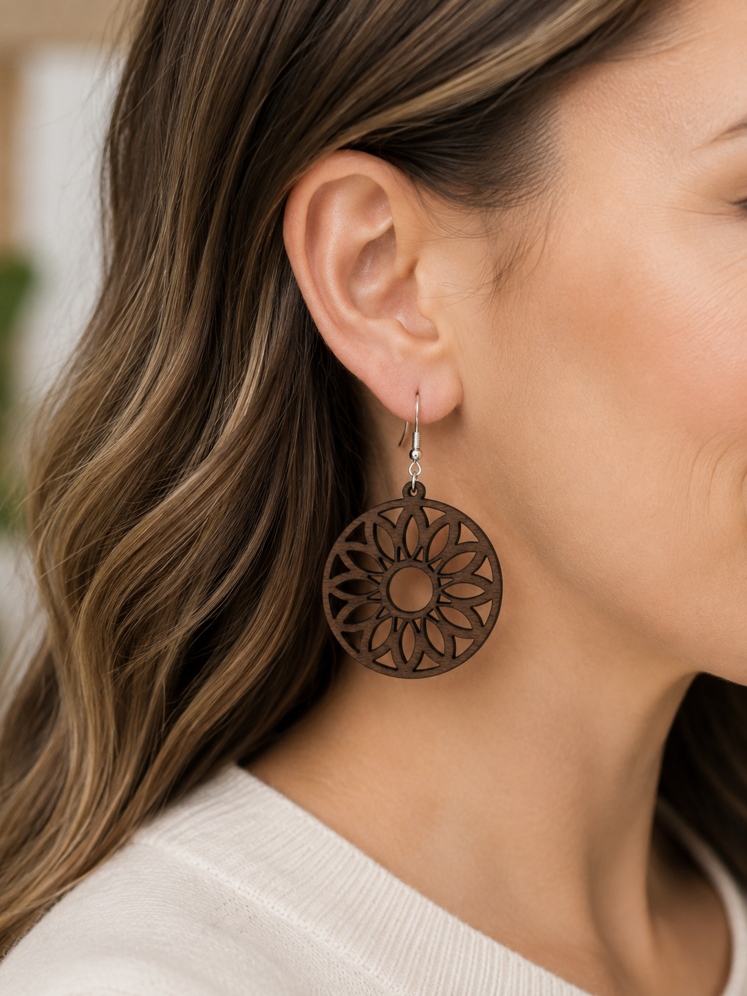 Walnut Mandala Circle Earrings Lifestyle - on Model.png