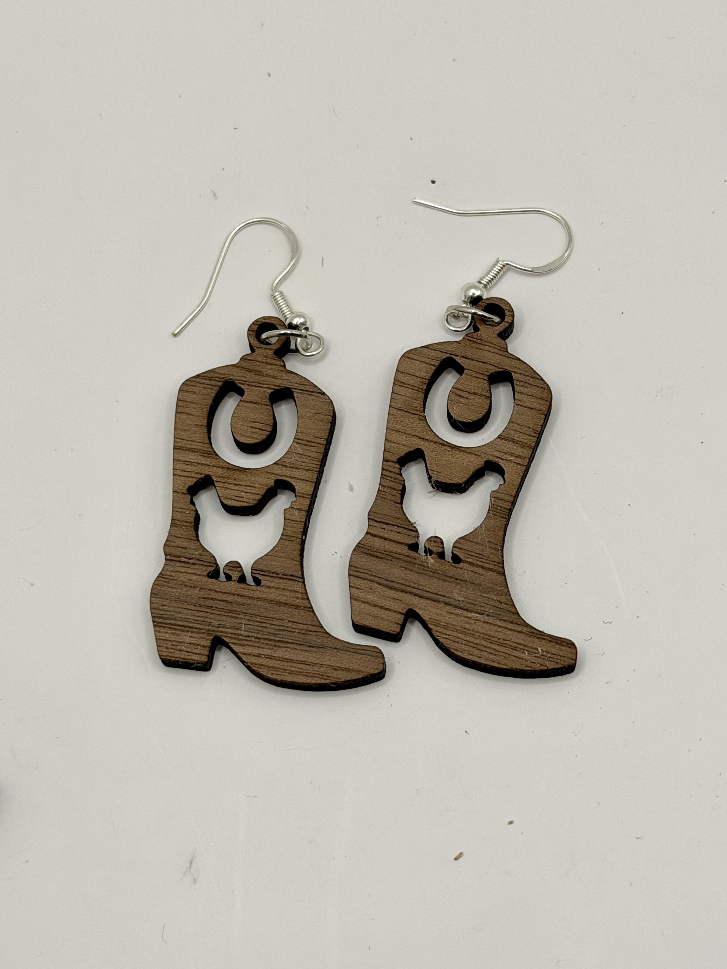 Walnut Cowboy Boot Earrings Laser Cut and Handmade - Horseshoe and Chicken