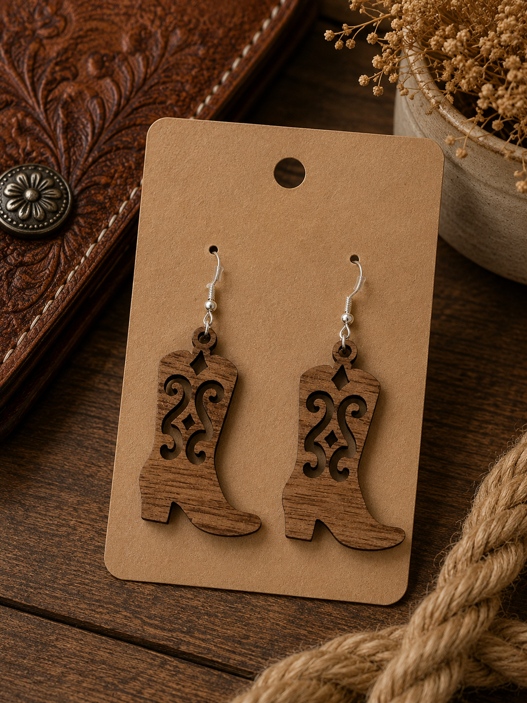 Walnut Earrings - Cowboy Boot Traditional Design Lifestyle image.png