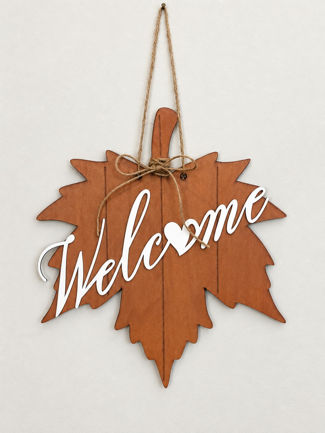 Maple Leaf Welcome Sign | Wood Door Hanger with Heart Accent | Farmhouse Fall Porch Decor