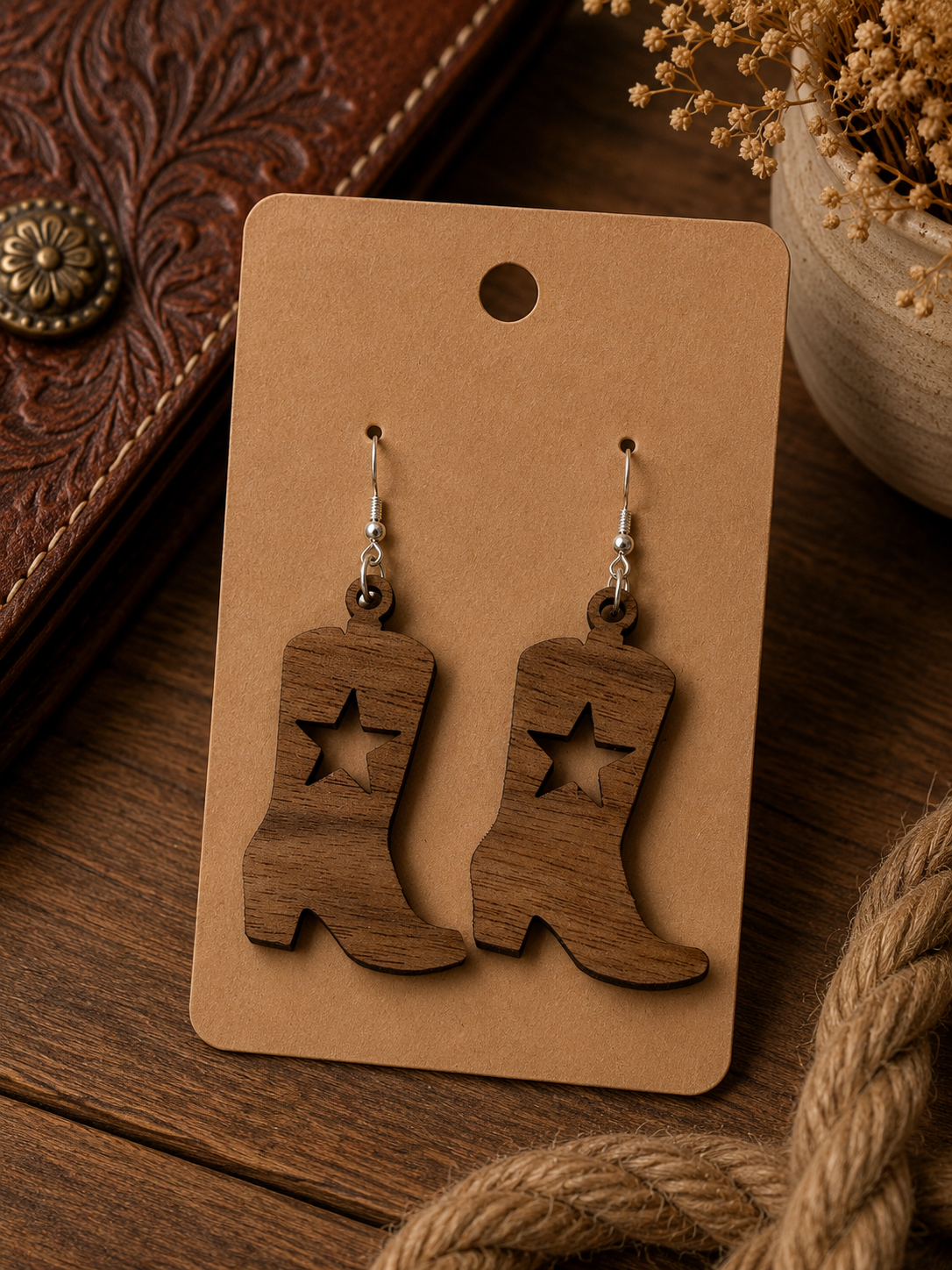 Walnut Cowboy Boot Earrings Laser Cut and Handmade - Star