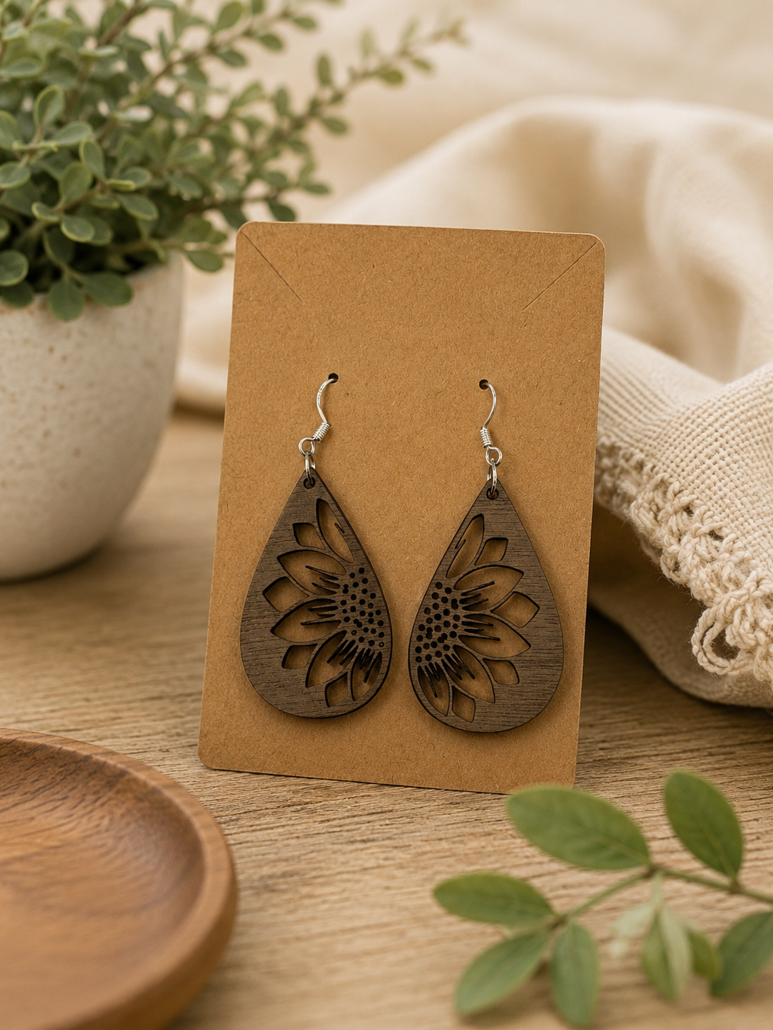 Walnut Sunflower Teardrop Earrings – Laser-Cut Botanical Dangle Earrings