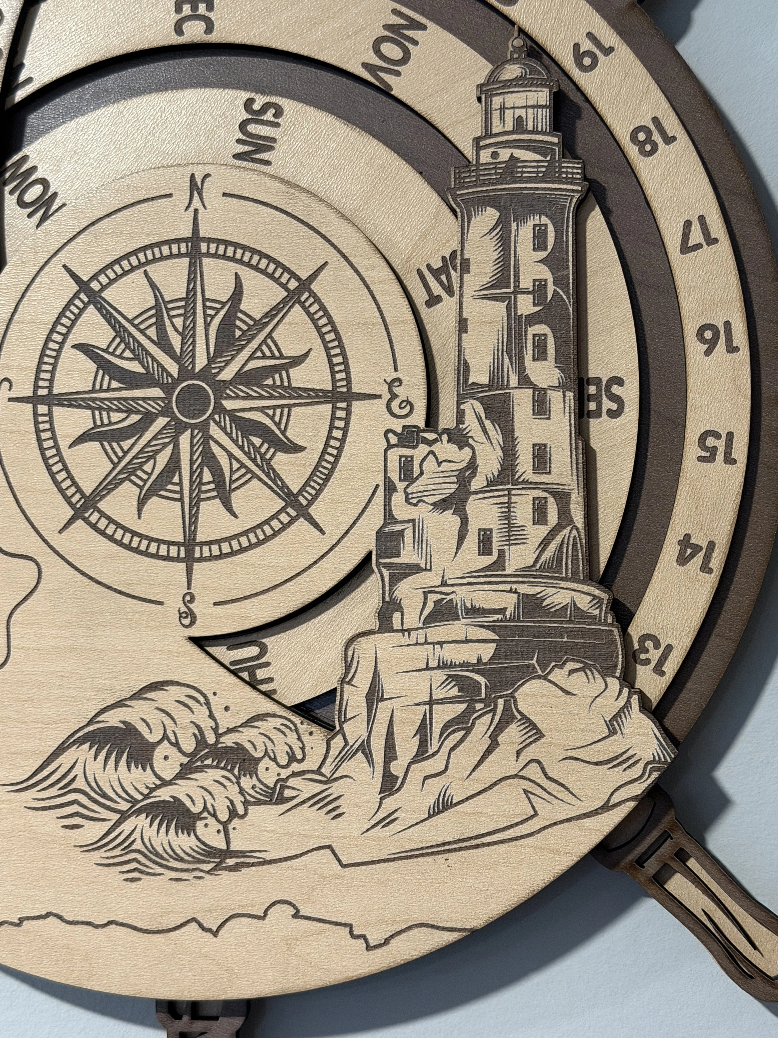 Perpetual Calendar Ship Wheel lighthouse detail.JPG