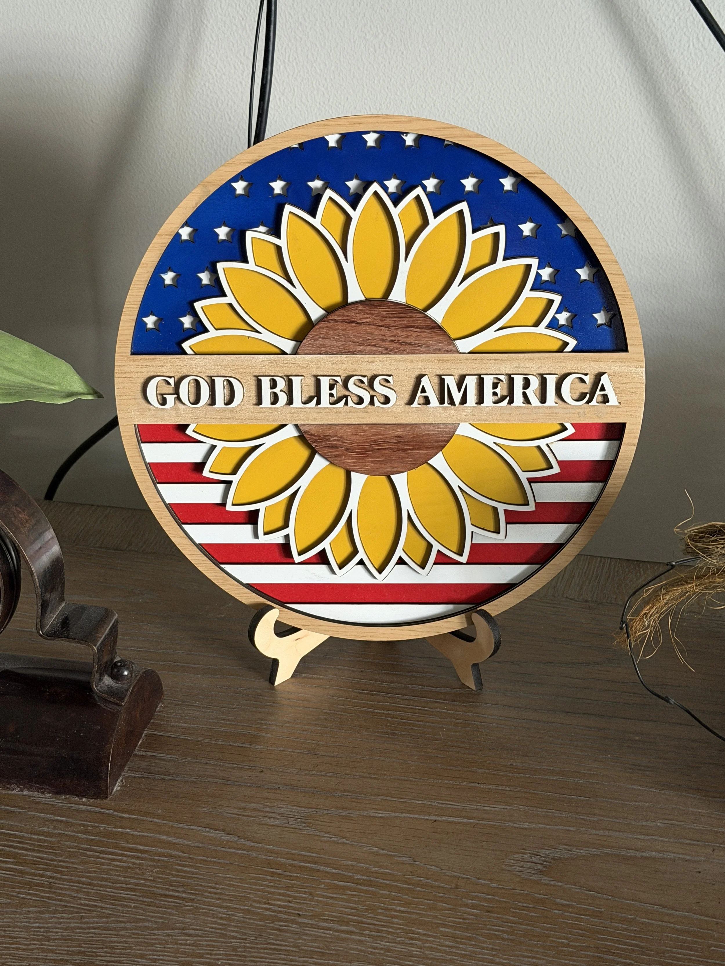 Patriotic Sunflower God Bless America Wooden Plaque.JPG