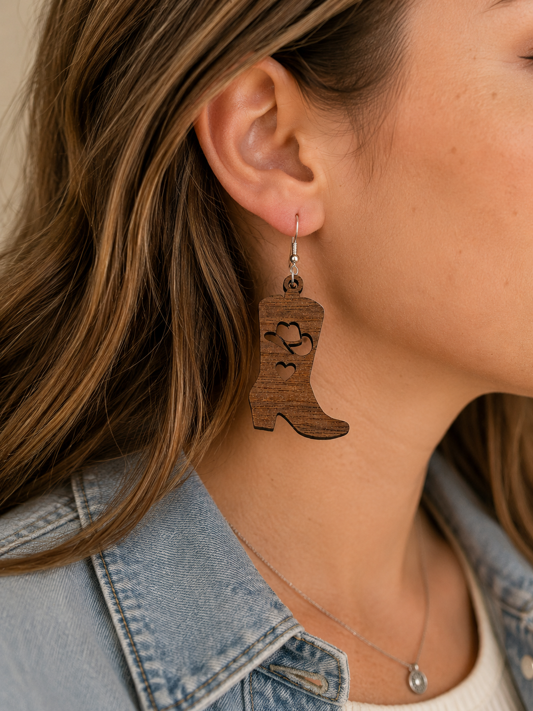 Walnut Earrings - Cowboy Boot Hat and Heart On Model.png