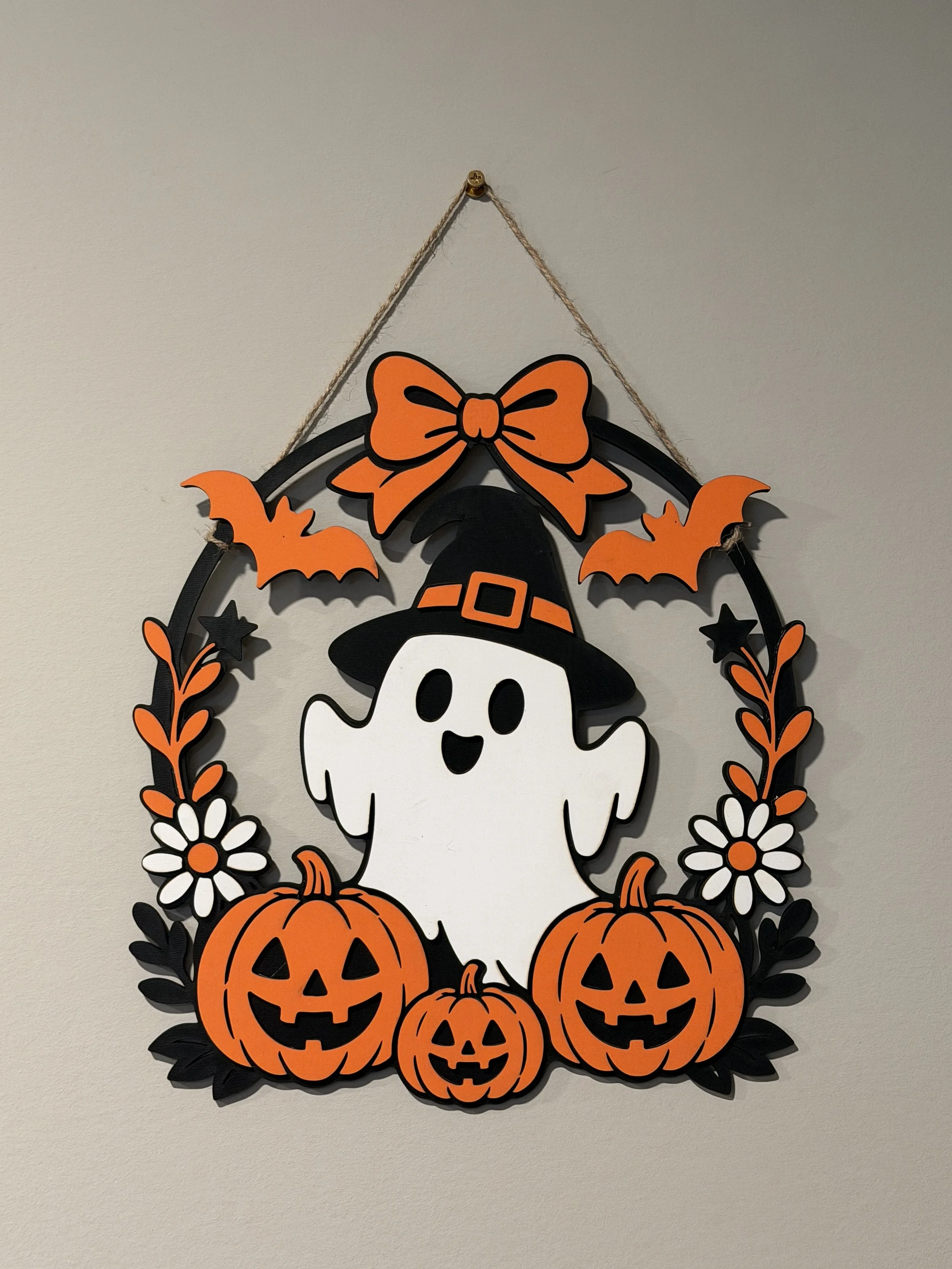 Halloween Ghost Wreath Door Hanger – Witch Hat Ghost & Pumpkin Wall Decor