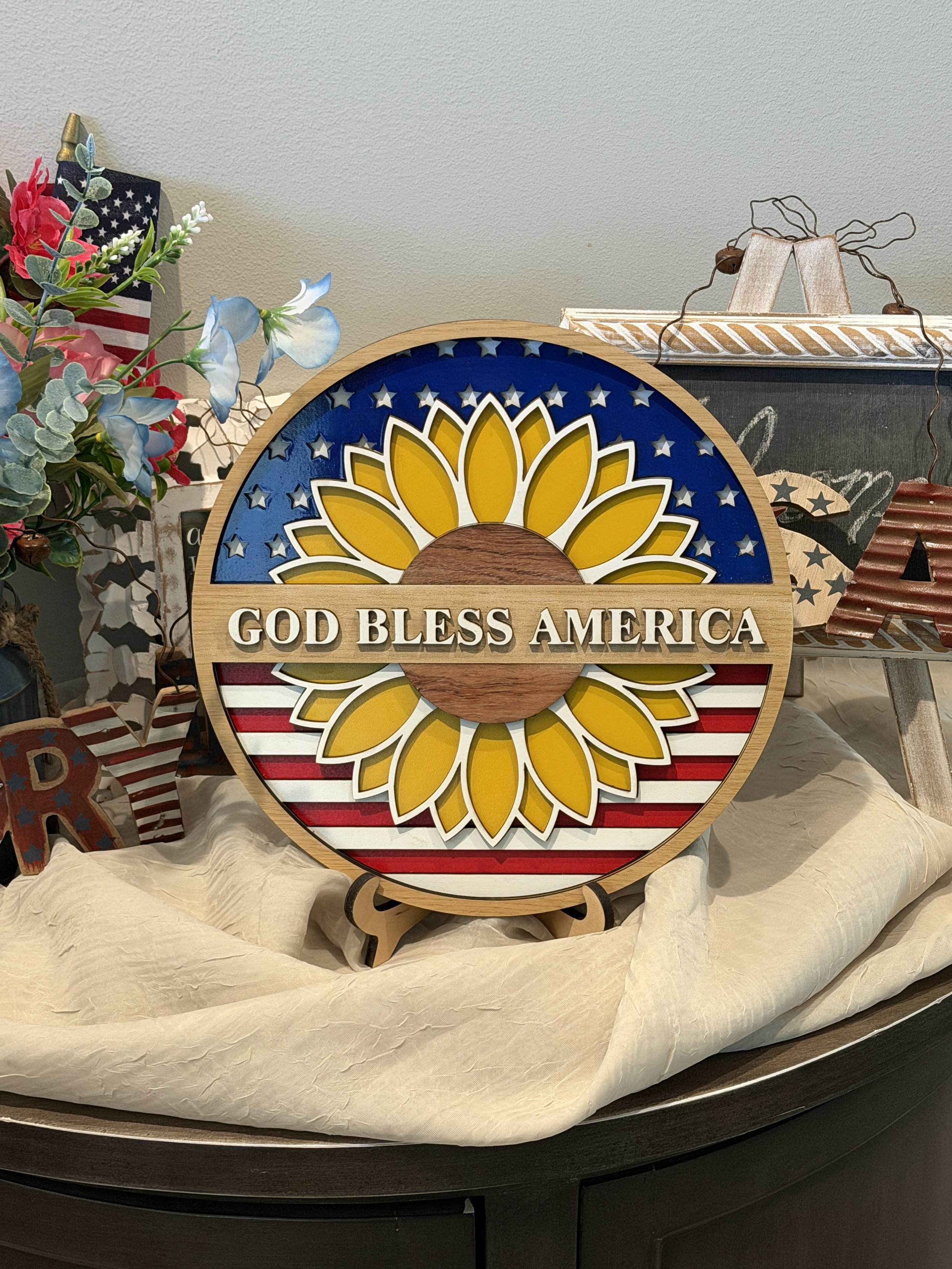 Patriotic Sunflower God Bless America Wooden Plaque on table.JPG