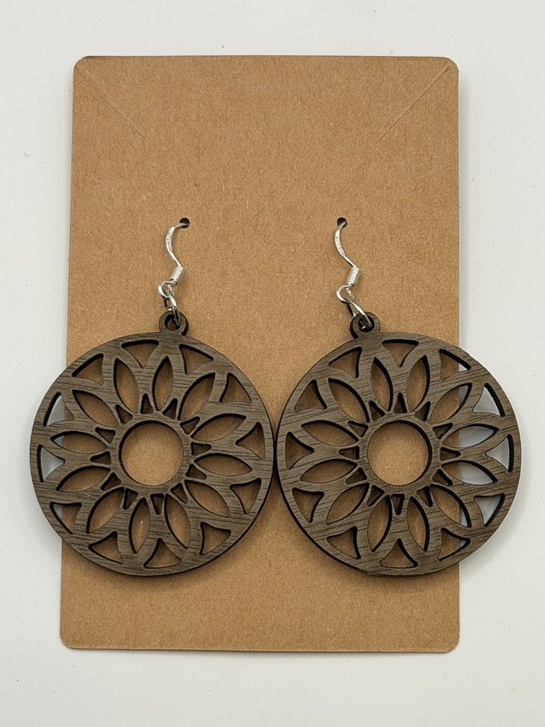 Walnut Mandala Circle Earrings – Laser-Cut Boho Round Dangle Earrings