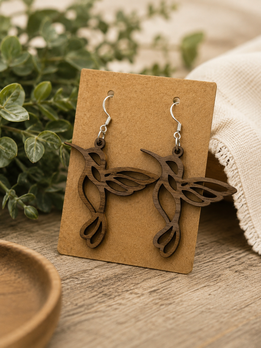 Walnut Hummingbird Earrings – Laser-Cut Nature Dangle Earrings
