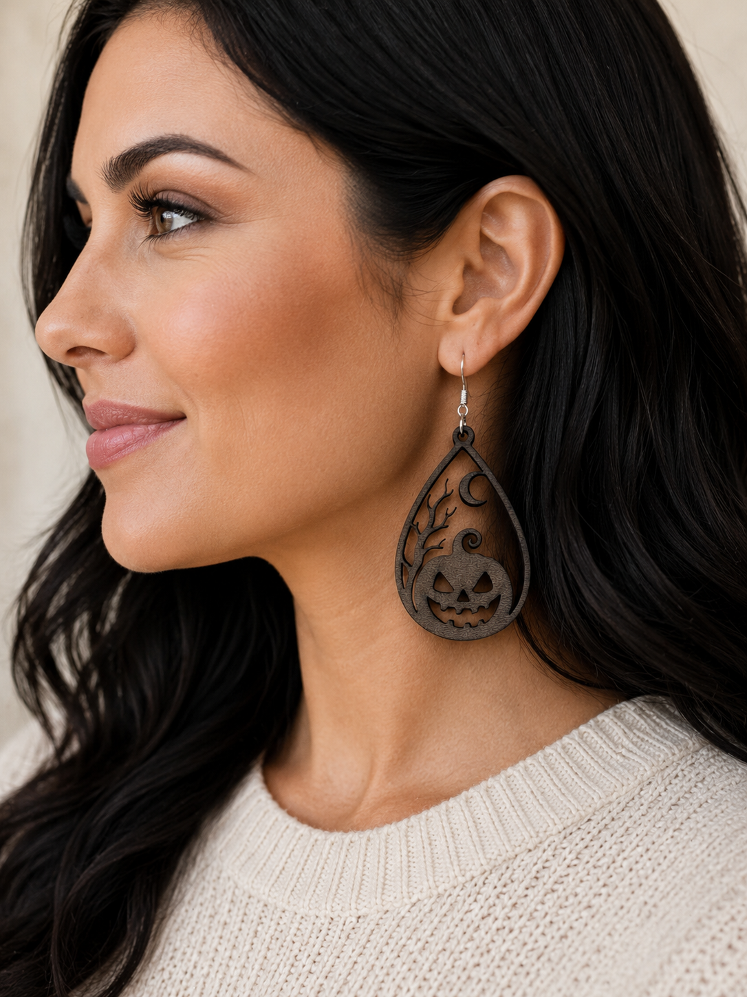 Jack O Lantern Teardrop Earrings - On Model.png