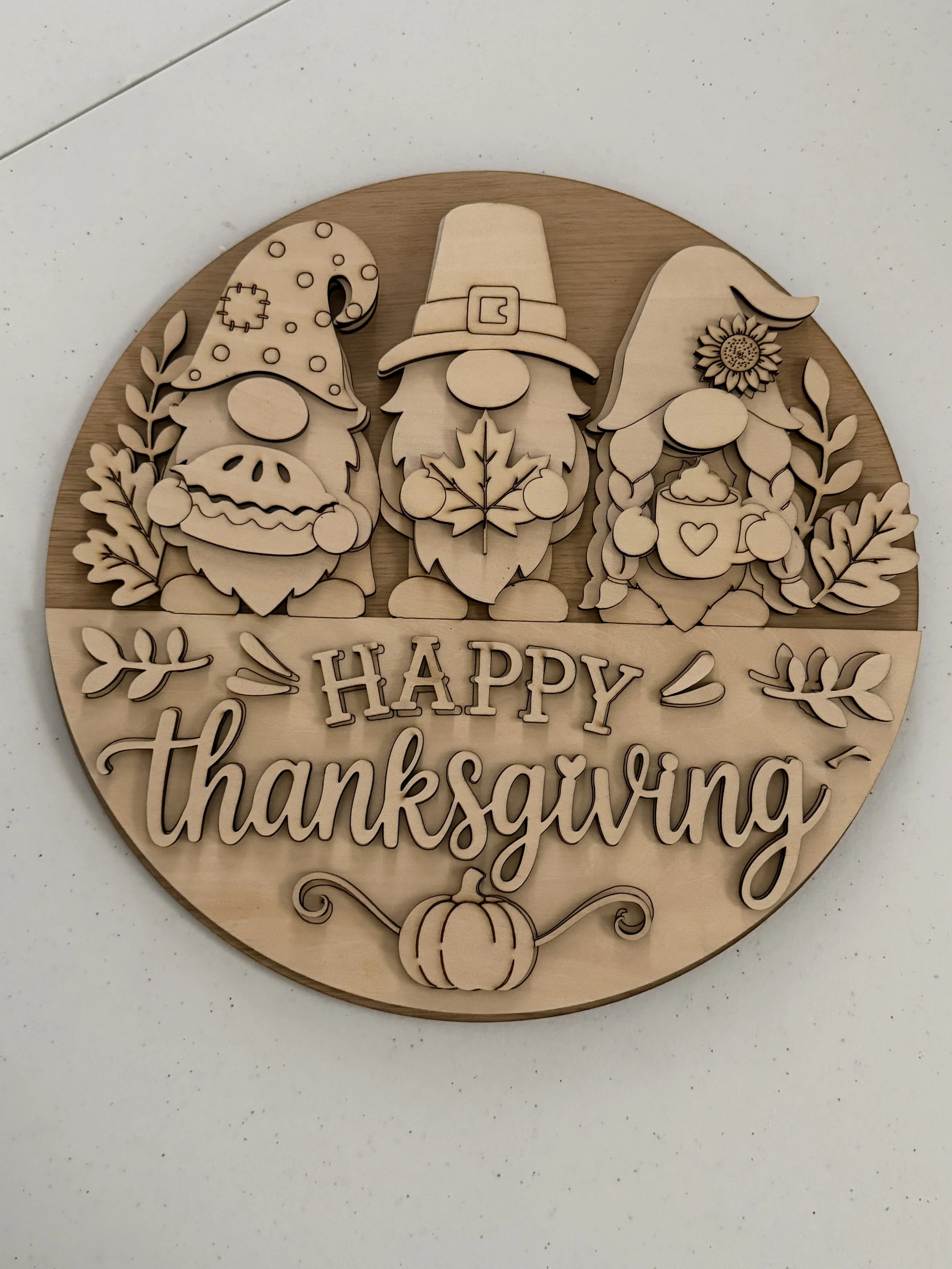 DIY Happy Thanksgiving Gnomes Round Sign Kit – Unfinished Layered Wood Door Hanger, 12"