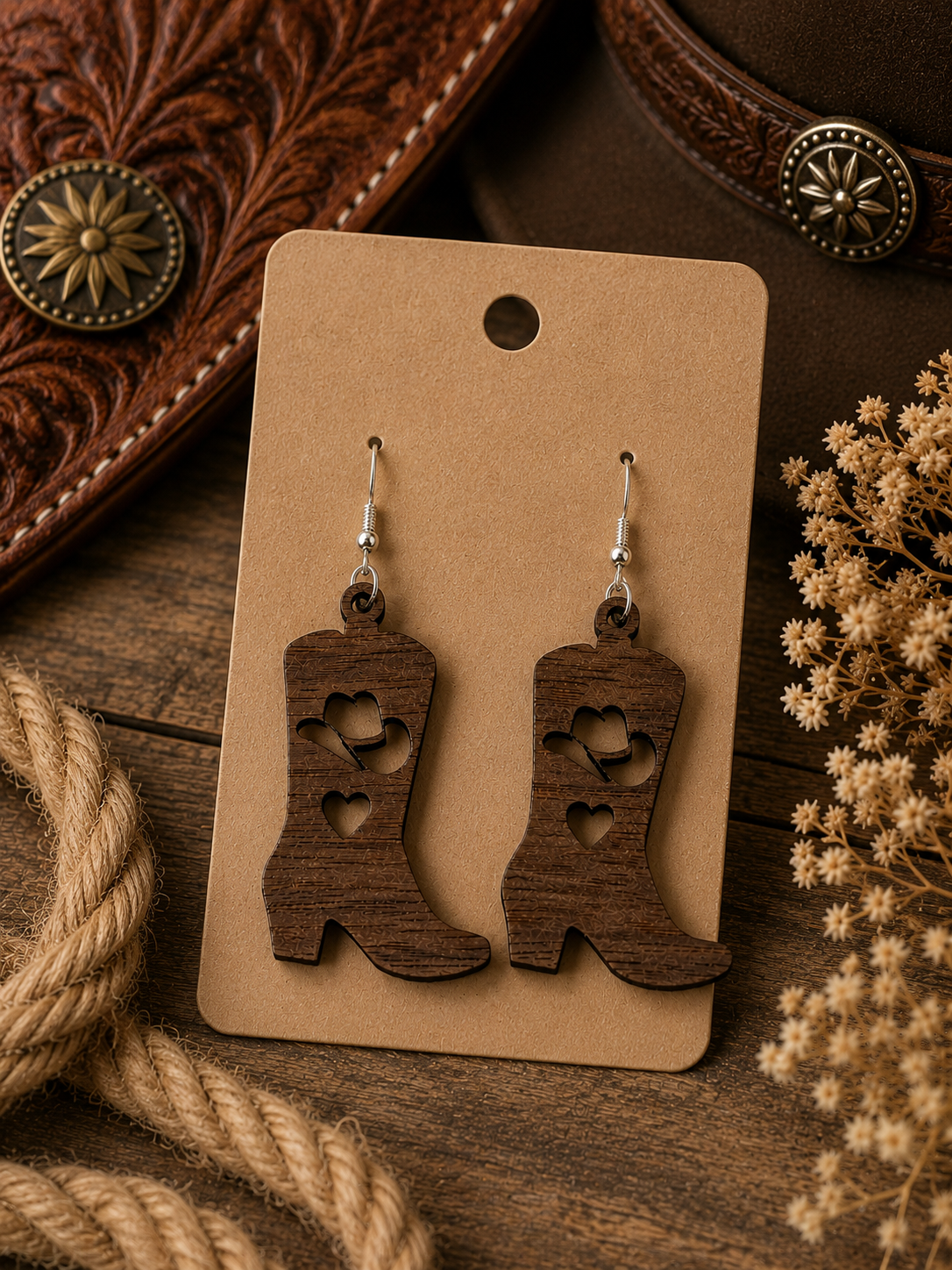Walnut Earrings - Cowboy Boot Hat and Heart Lifestyle.png