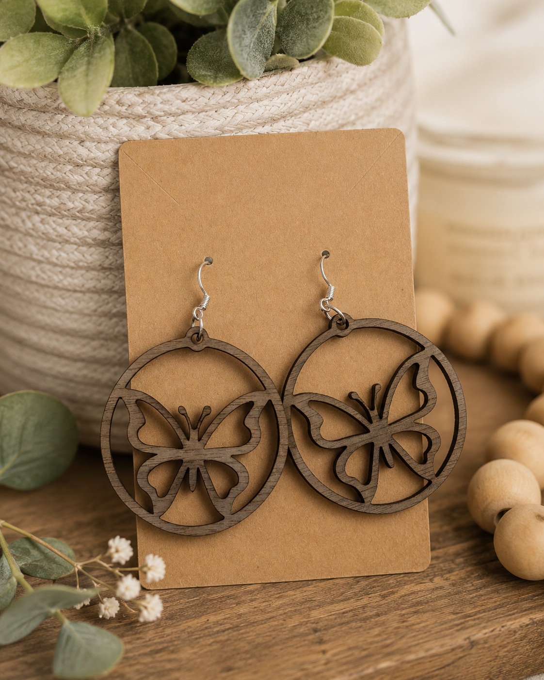 Walnut Butterfly Circle Hoop Earrings – Laser-Cut Nature Dangle Earrings