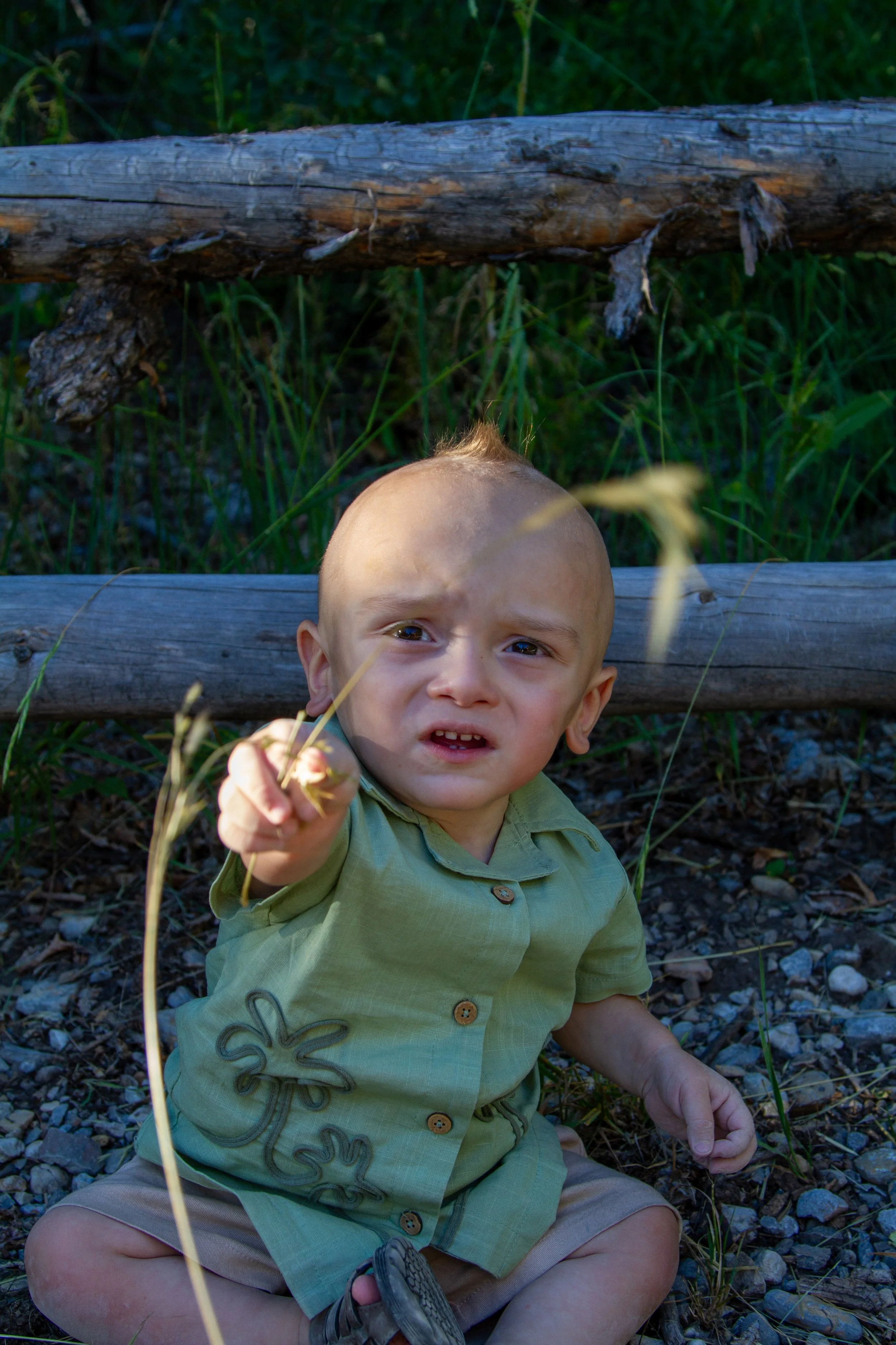 A young boy with light skin, blonde hair, and wearing a green shirt and beige shorts, sitting on the ground outdoors surrounded by grass and rocks, pointing with his finger.