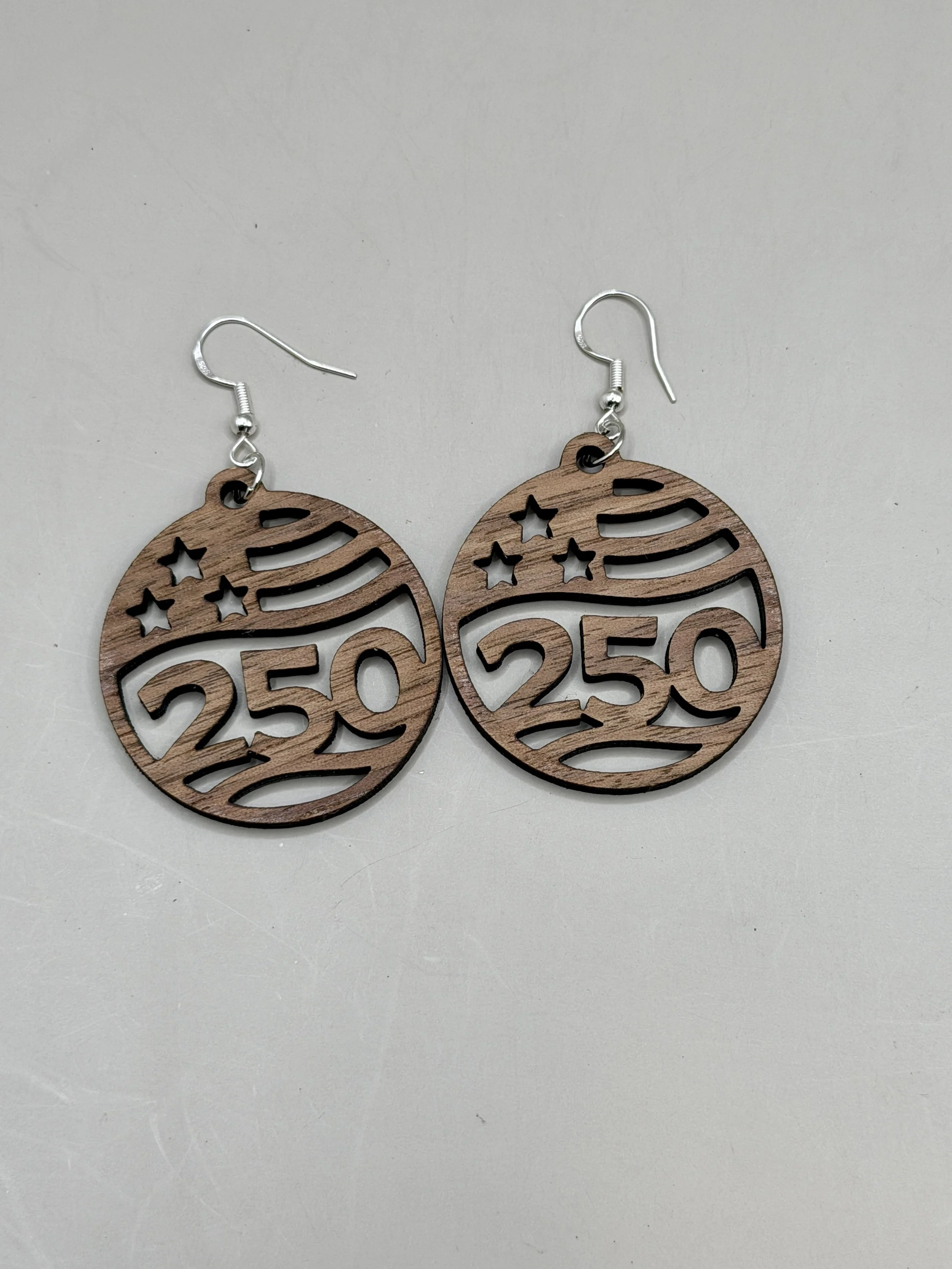 America 250 Walnut Wood Earrings – Patriotic Round Dangle Earrings for America's 250th Anniversary