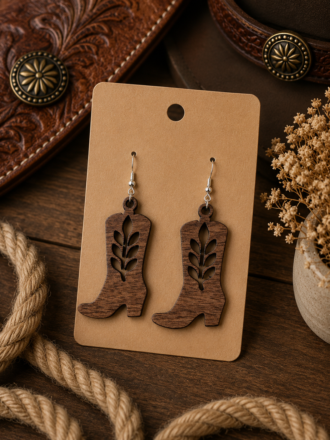 Walnut Earrings - Cowboy Boot Leaf Design - Lifestyle.png