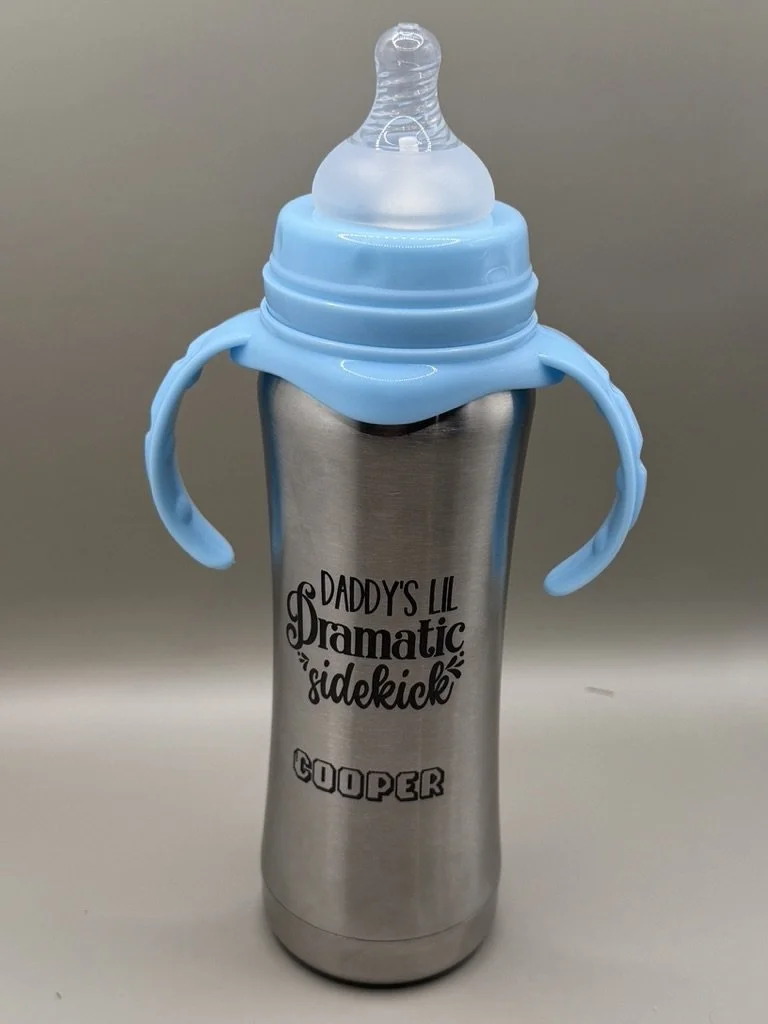 Personalized Stainless Steel Baby Bottle – “Daddy’s Lil Dramatic Sidekick”