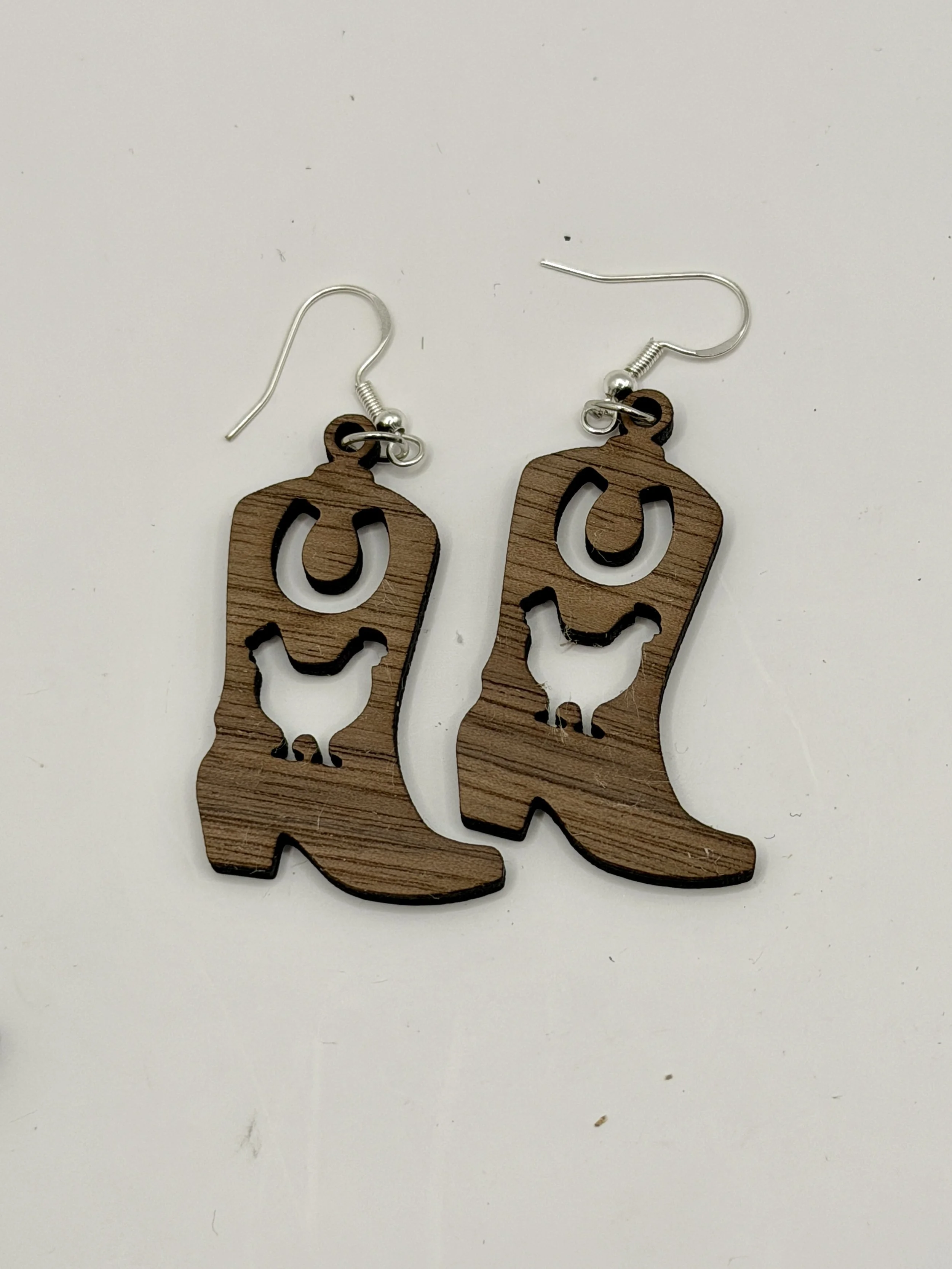 Walnut Earrings - Cowboy Boot Horseshoe and Chicken.JPG
