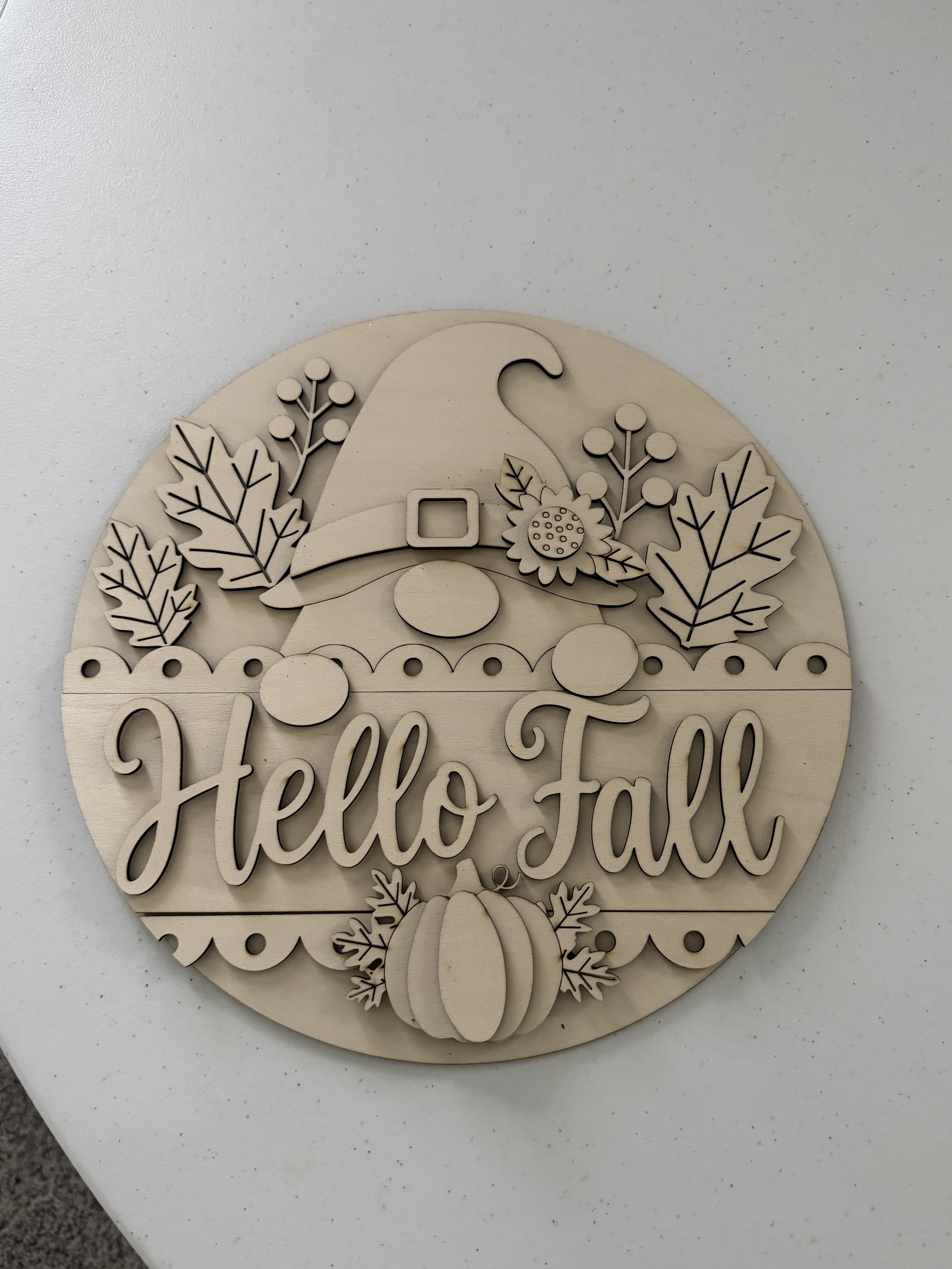 DIY Hello Fall Gnome Round Sign Kit – Unfinished Layered Wood Door Hanger, 12"