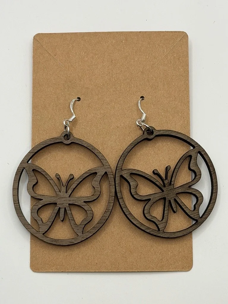 Walnut Butterfly Circle Hoop Earrings – Laser-Cut Nature Dangle Earrings