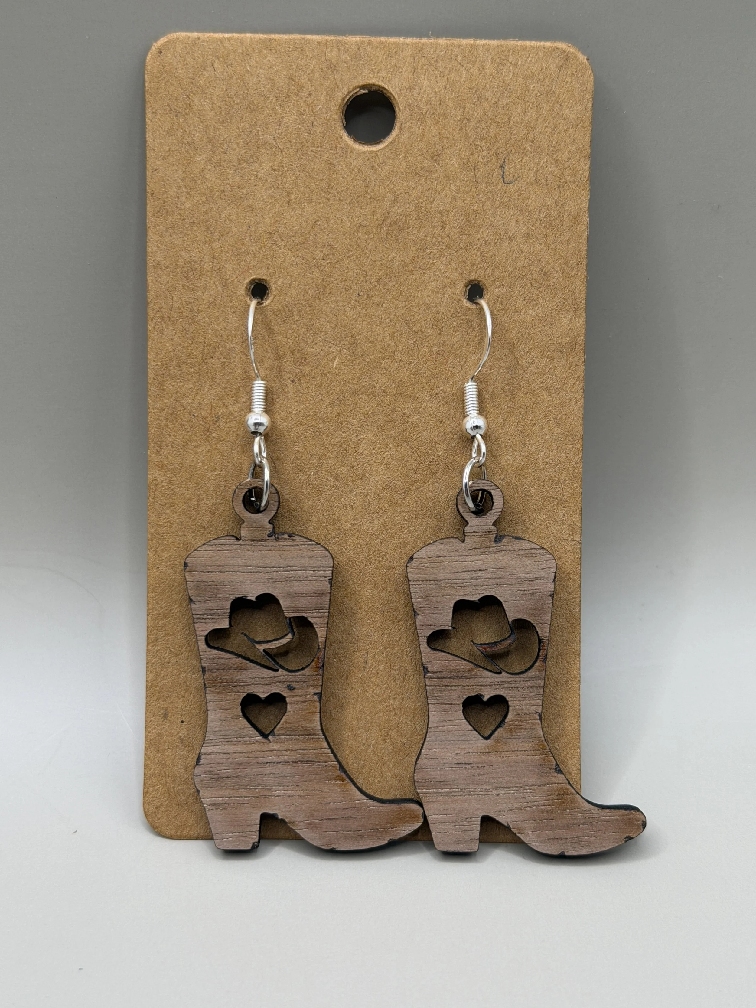 Walnut Earrings - Cowboy Boot Hat and Heart.JPG