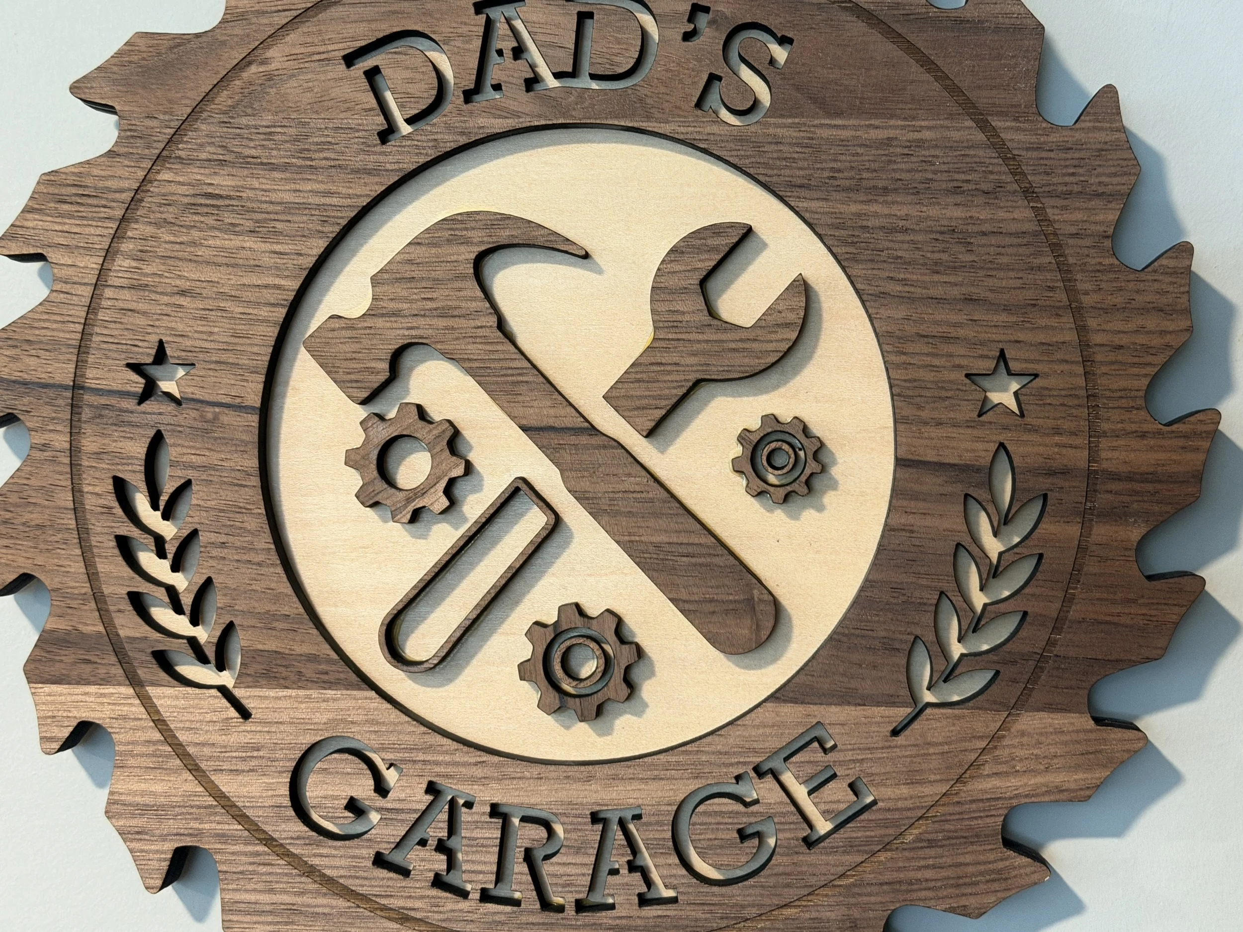 Dads Garage Sign - Walnut and Maple Landscape Detail.JPG
