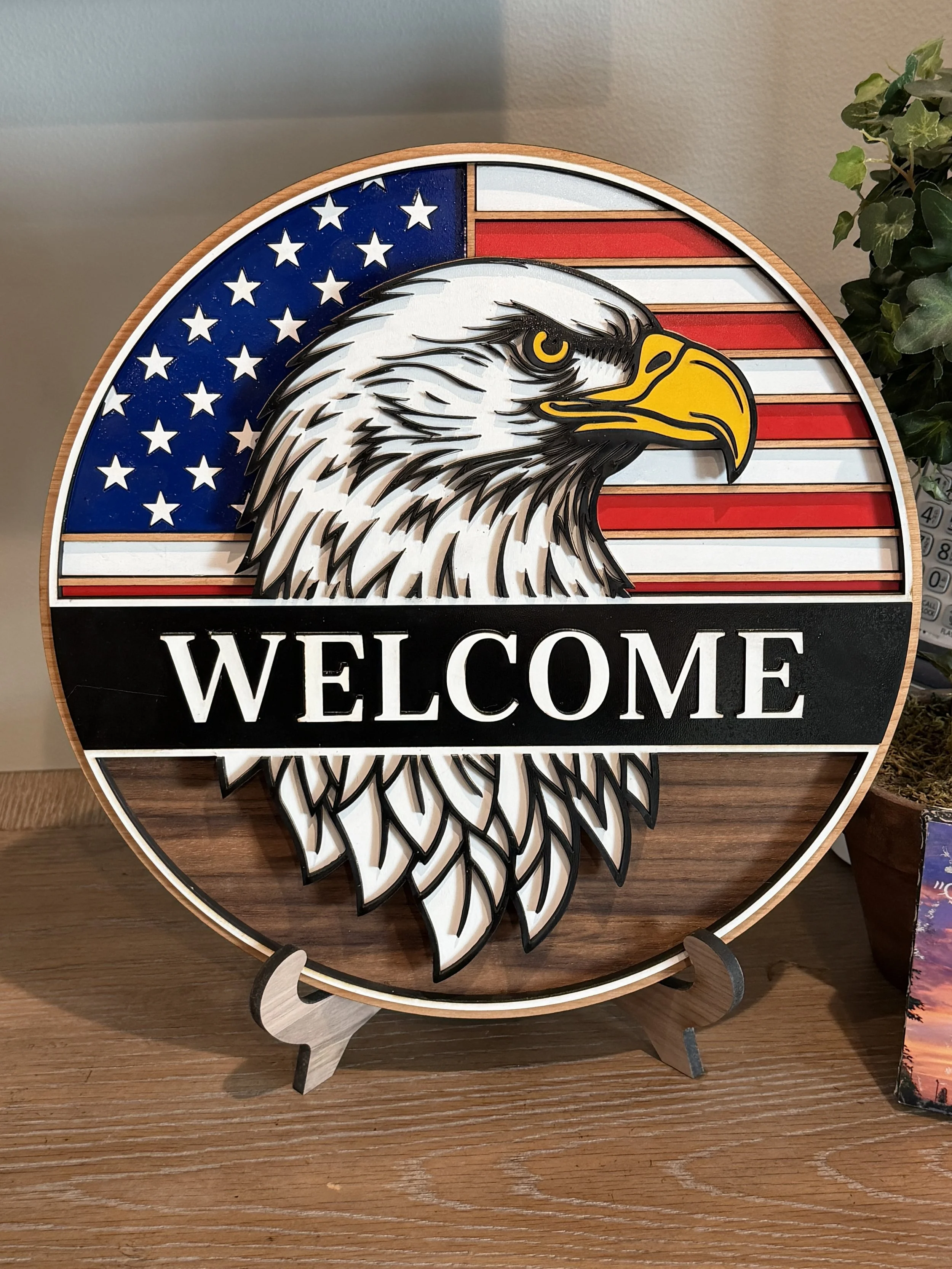 Handcrafted Layered Bald Eagle & American Flag Walnut Welcome Sign