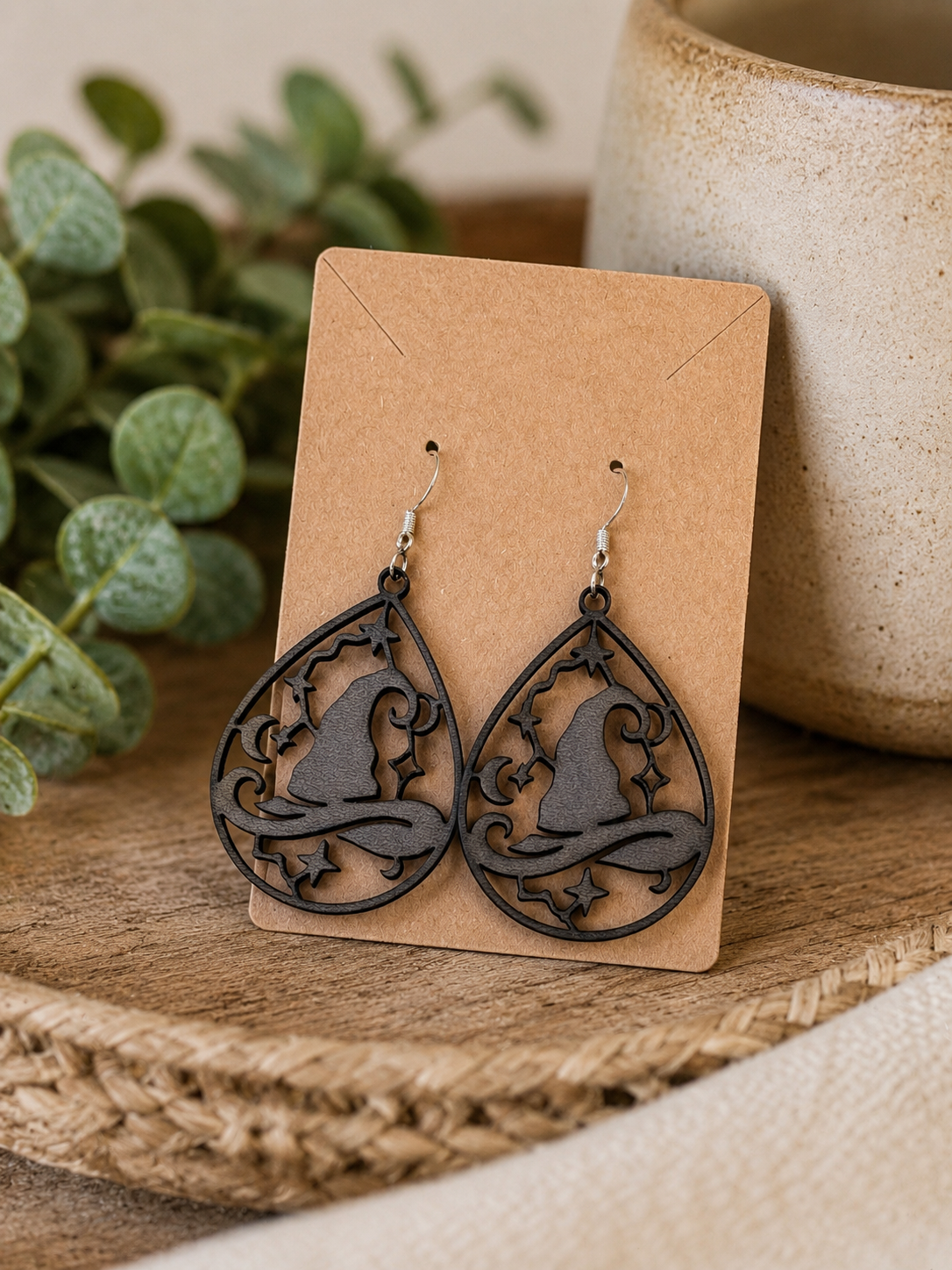 Ornate Witch Hat Teardrop Earrings – Gothic Moon & Star Dangles
