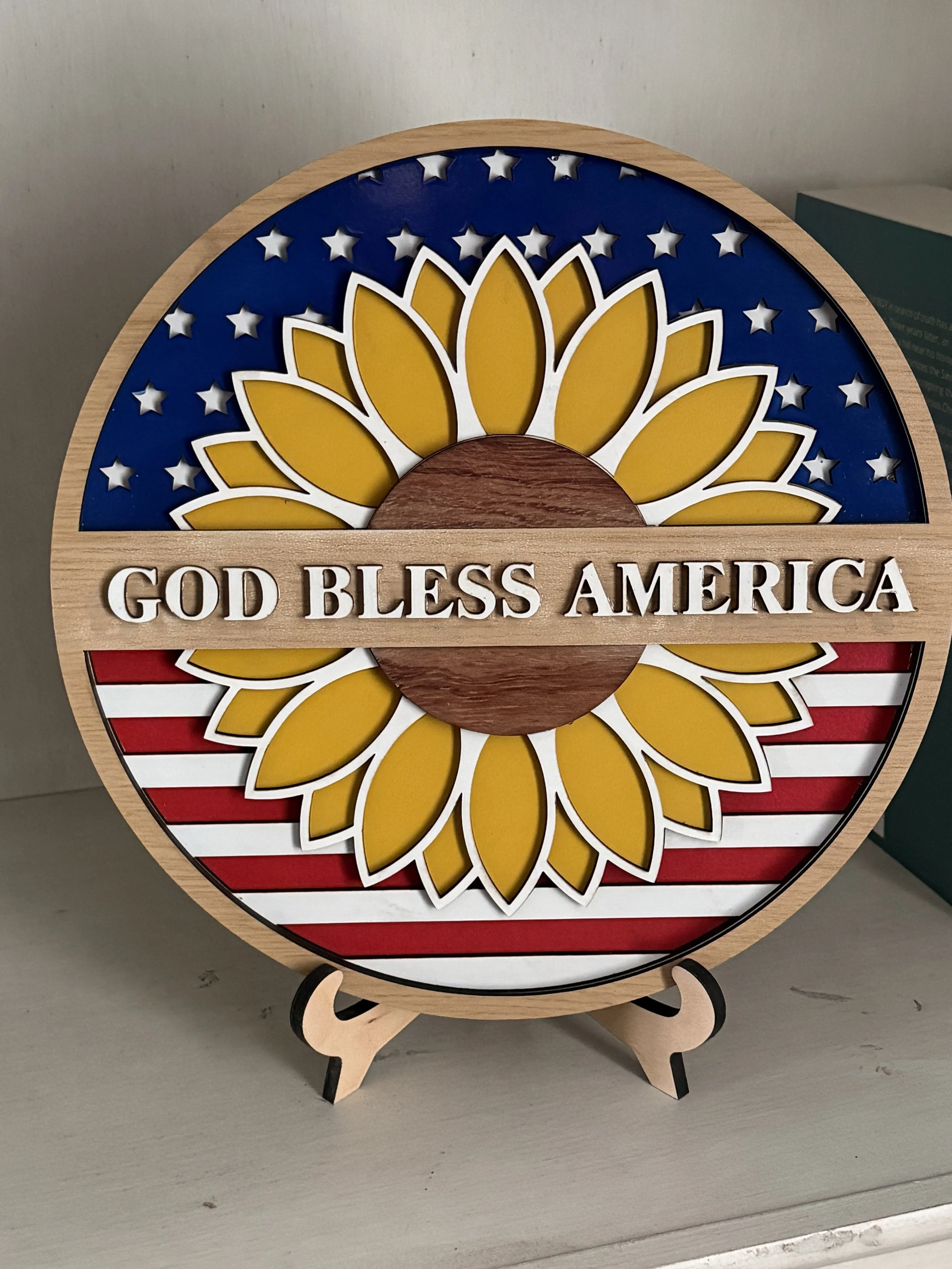 Patriotic Sunflower God Bless America Wooden Plaque on Shelf.JPG
