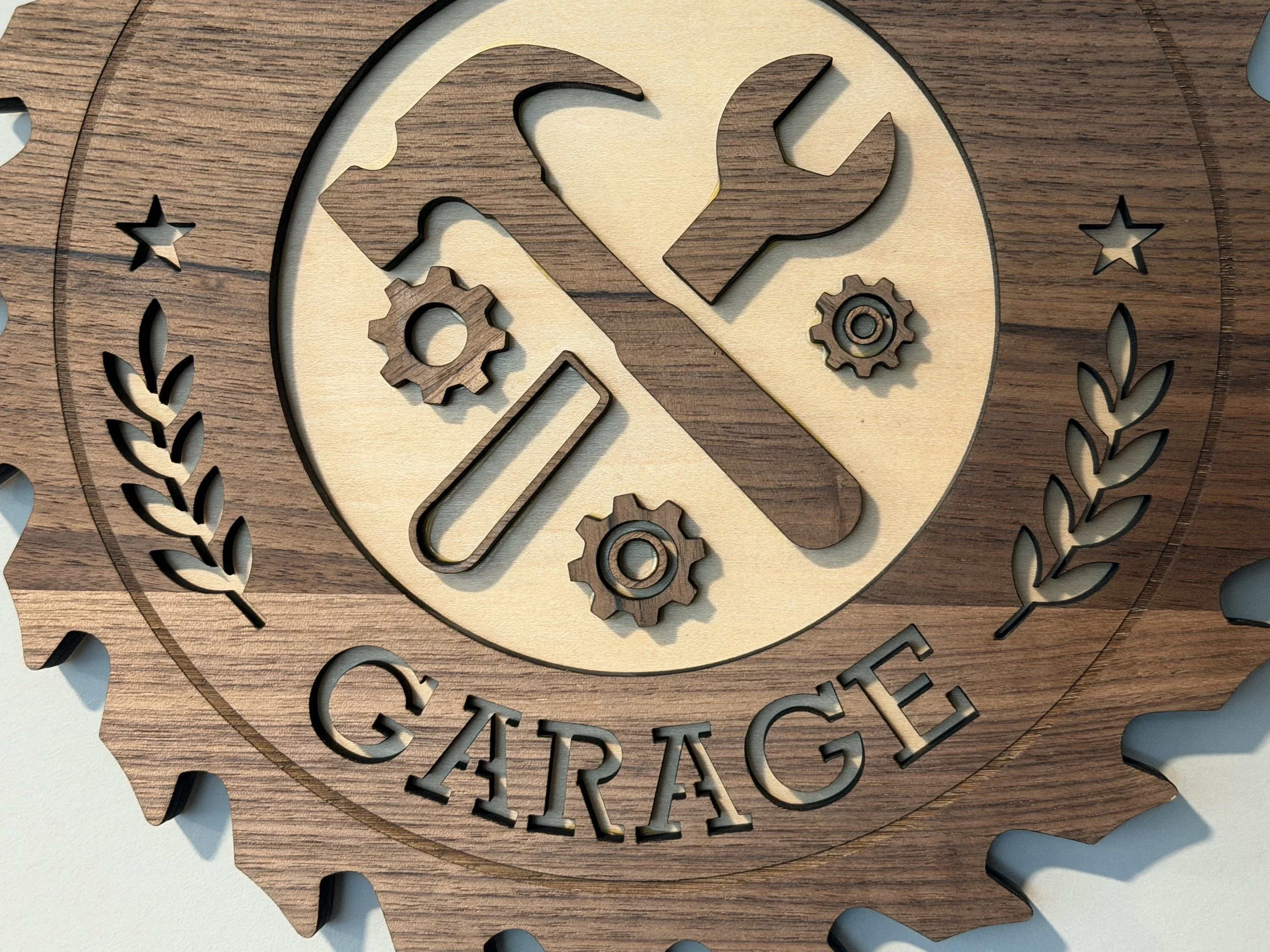 Dads Garage Sign - Walnut and Maple Lower detail.JPG
