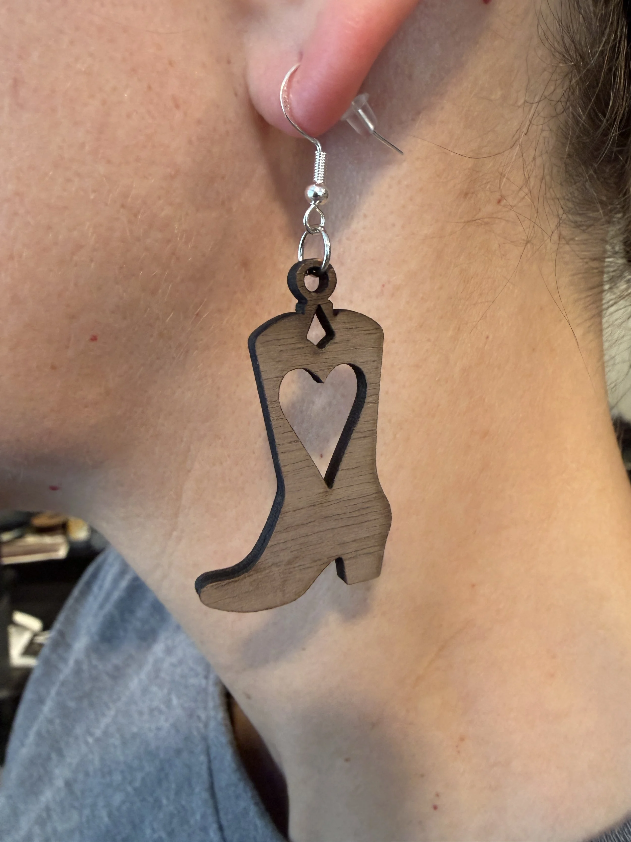 Walnut Earrings - Cowboy Boot Heart on ear.JPG
