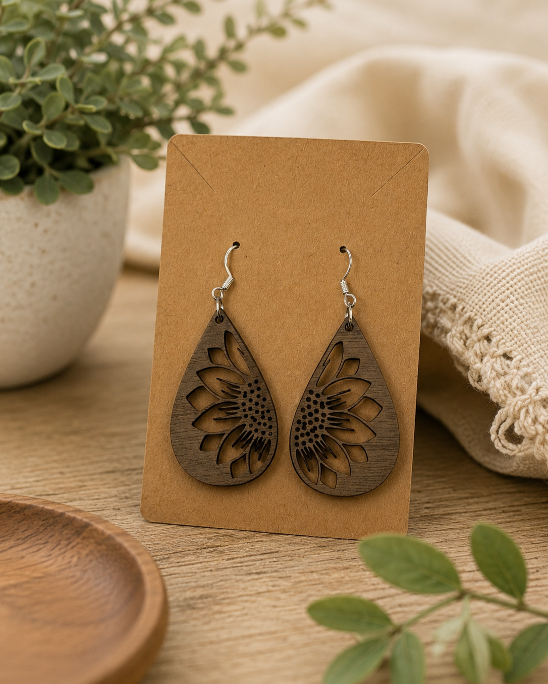 Walnut+Sunflower+Accent+Teardrop+Earrings+%E2%80%93+Laser-Cut+Botanical+Dangle+Earrings+-+Lifestyle.png