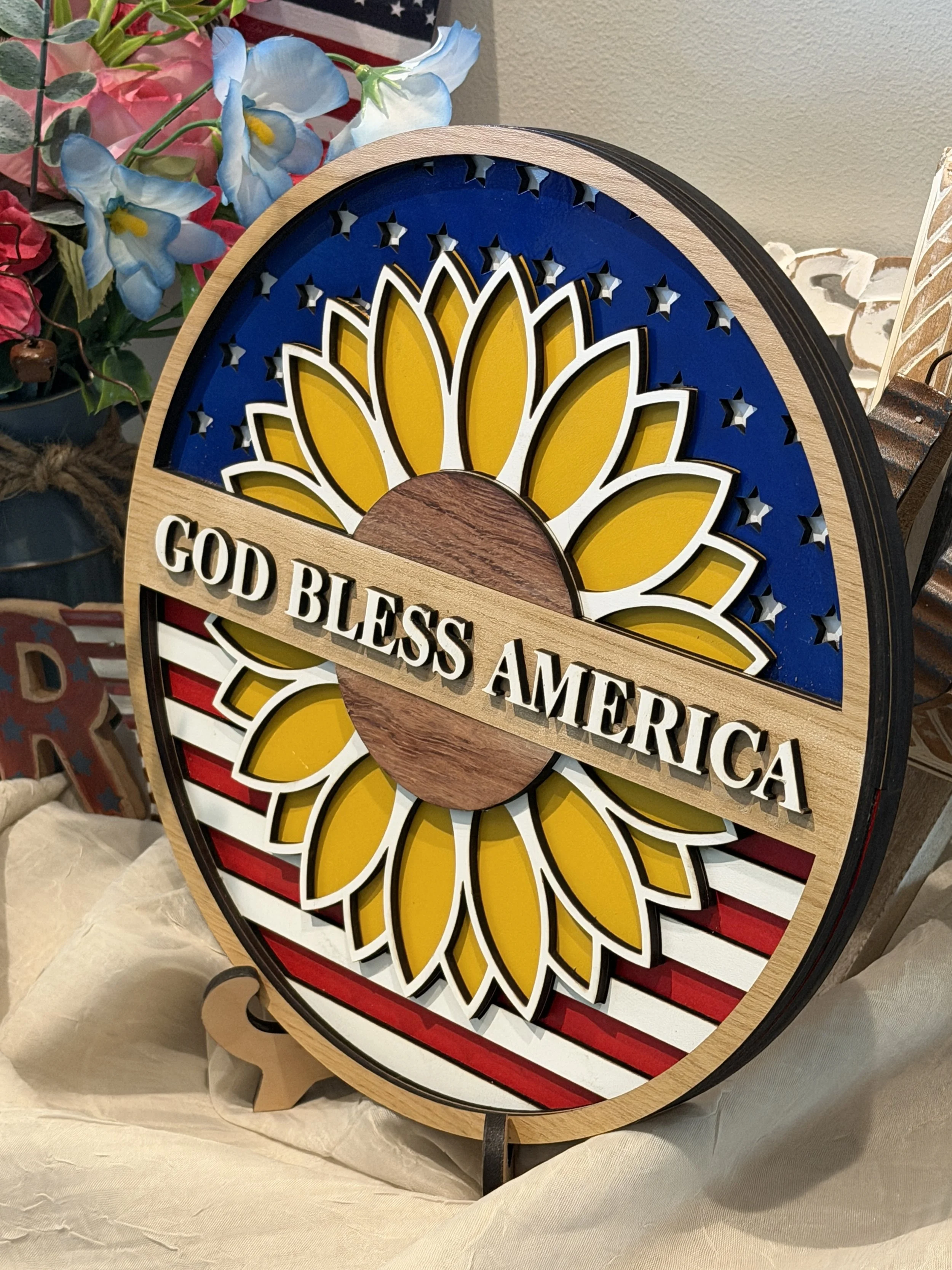 Patriotic Sunflower God Bless America Wooden Plaque - Side View.JPG