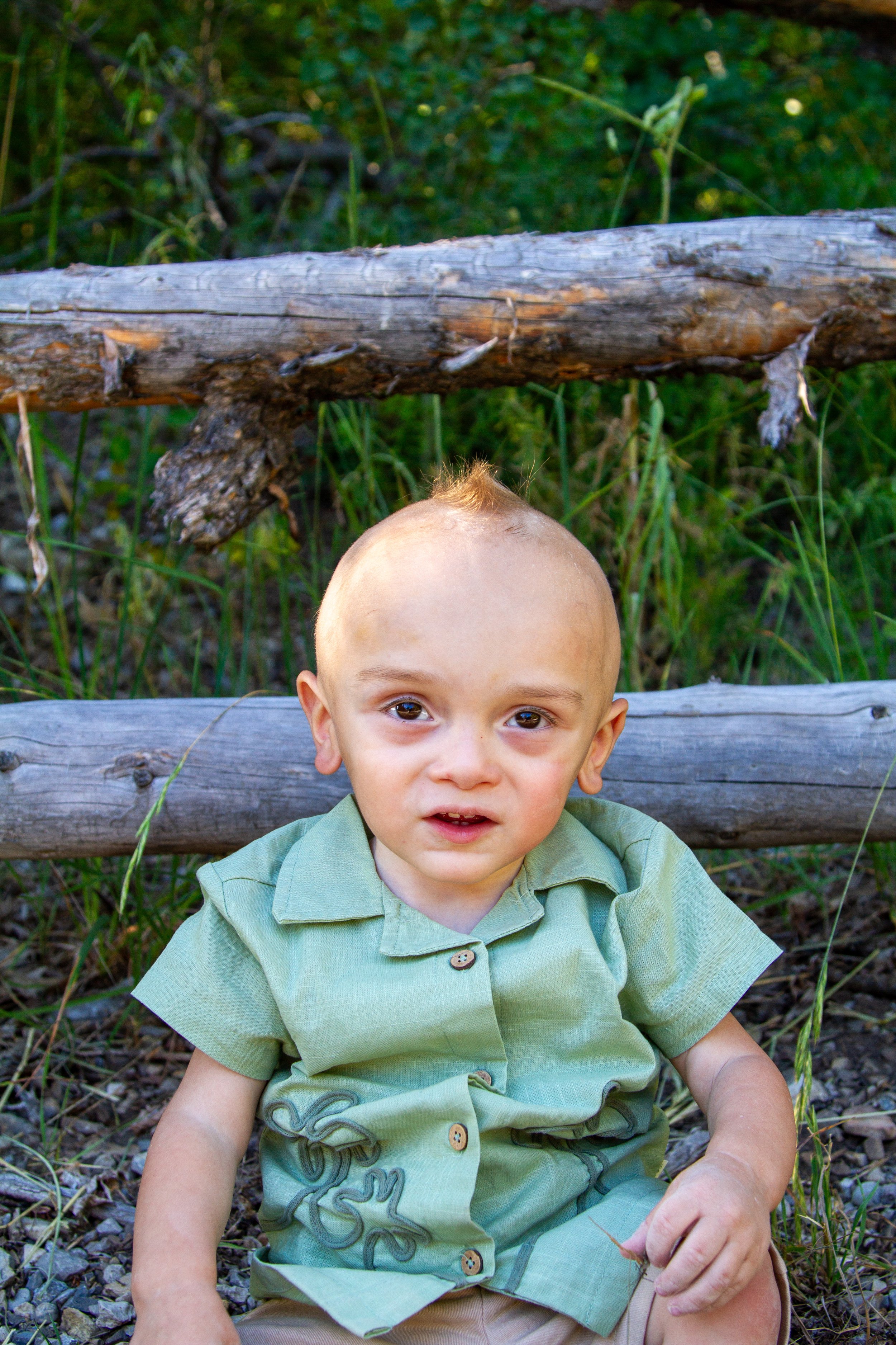 A young boy with a mohawk hairstyle sitting outdoors on the ground, surrounded by grass and rocks, with a fallen tree branch behind him.