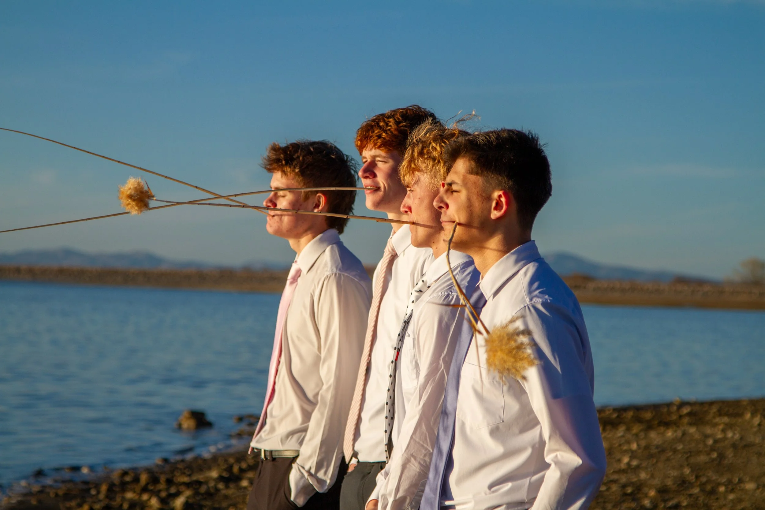 Four young men standing in a row near water, with dandelions in their mouths, dressed in formal white shirts and ties, looking into the distance during sunset.