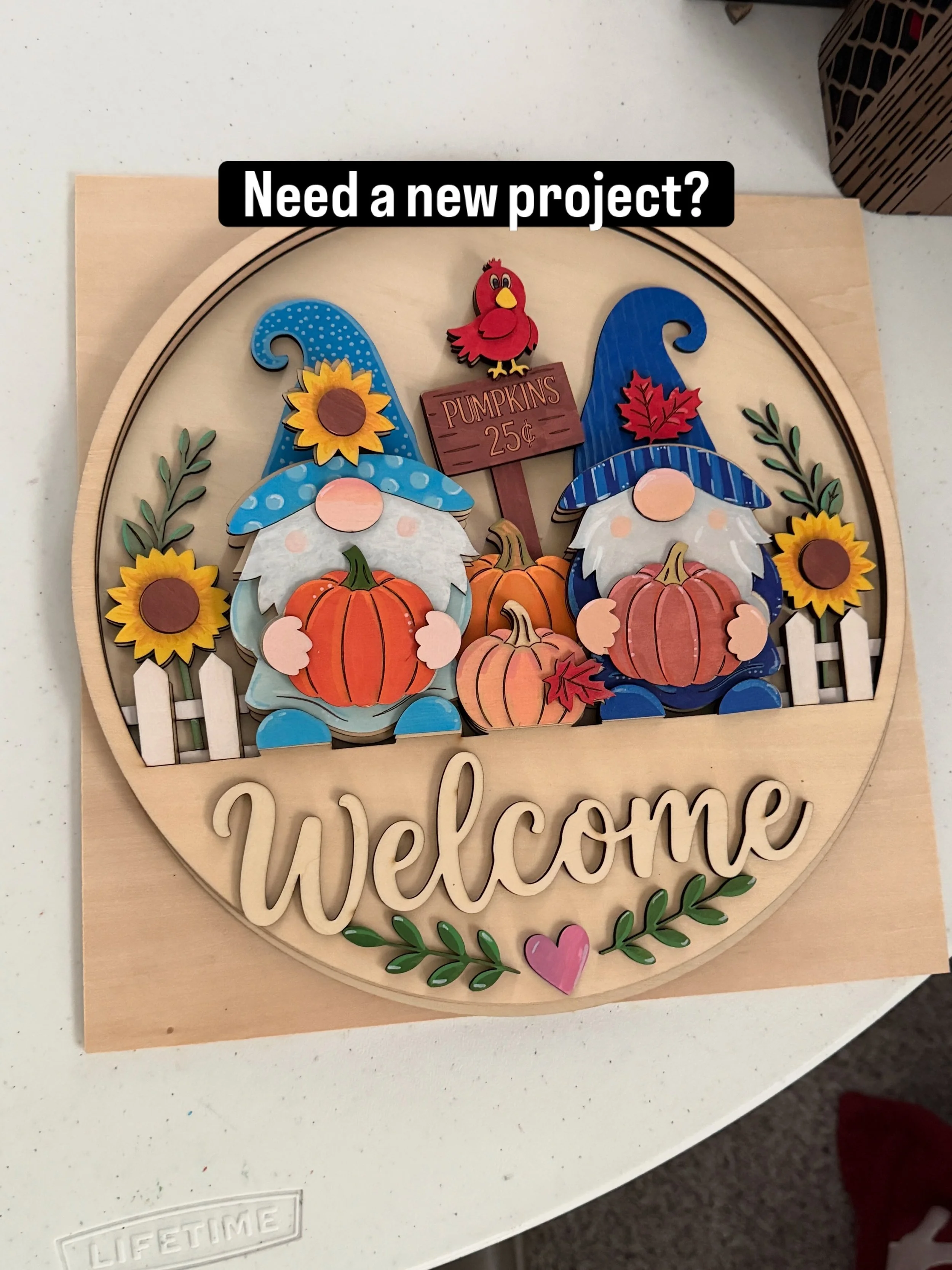 DIY Welcome Pumpkin Gnomes Round Sign Kit – Unfinished Layered Wood Fall Sign, 12"