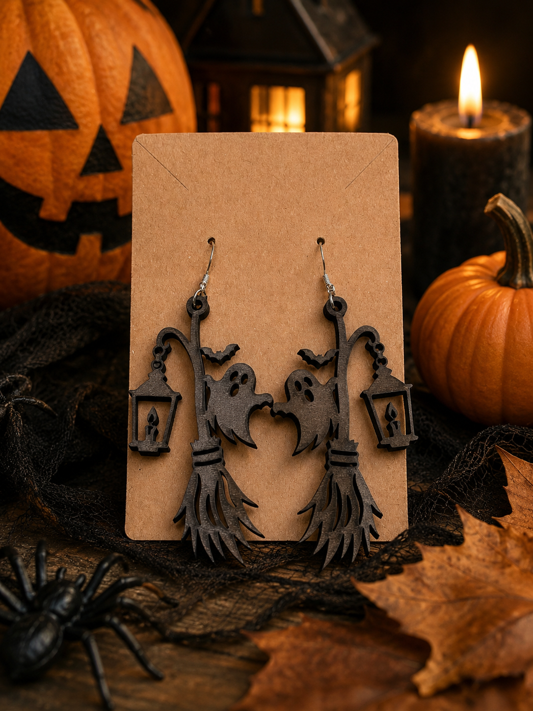 Ghost & Lantern Broom Earrings – Halloween Ghost Dangle Earrings