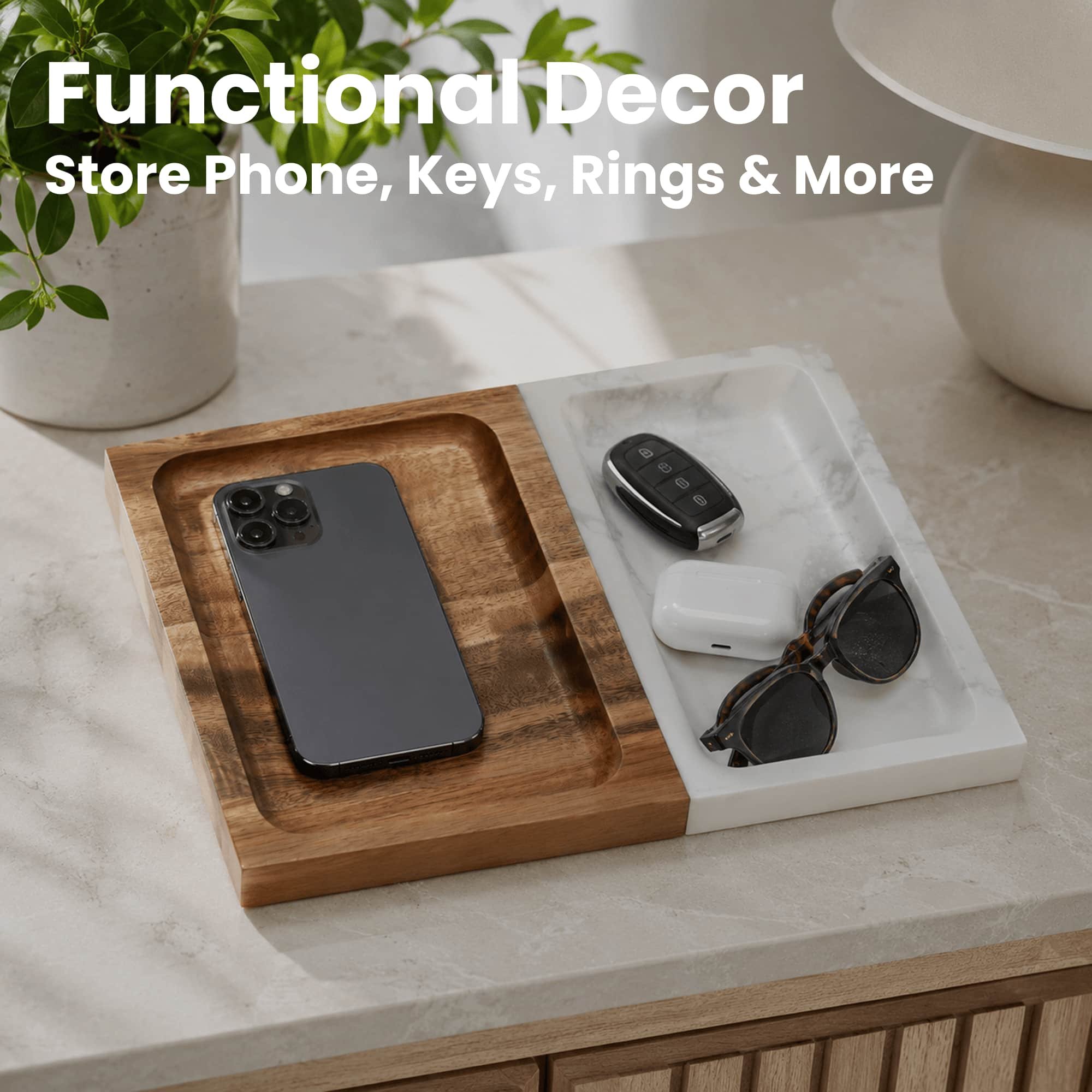 Marble & Acacia Wood Valet Tray – Double-Sided Entryway Organizer