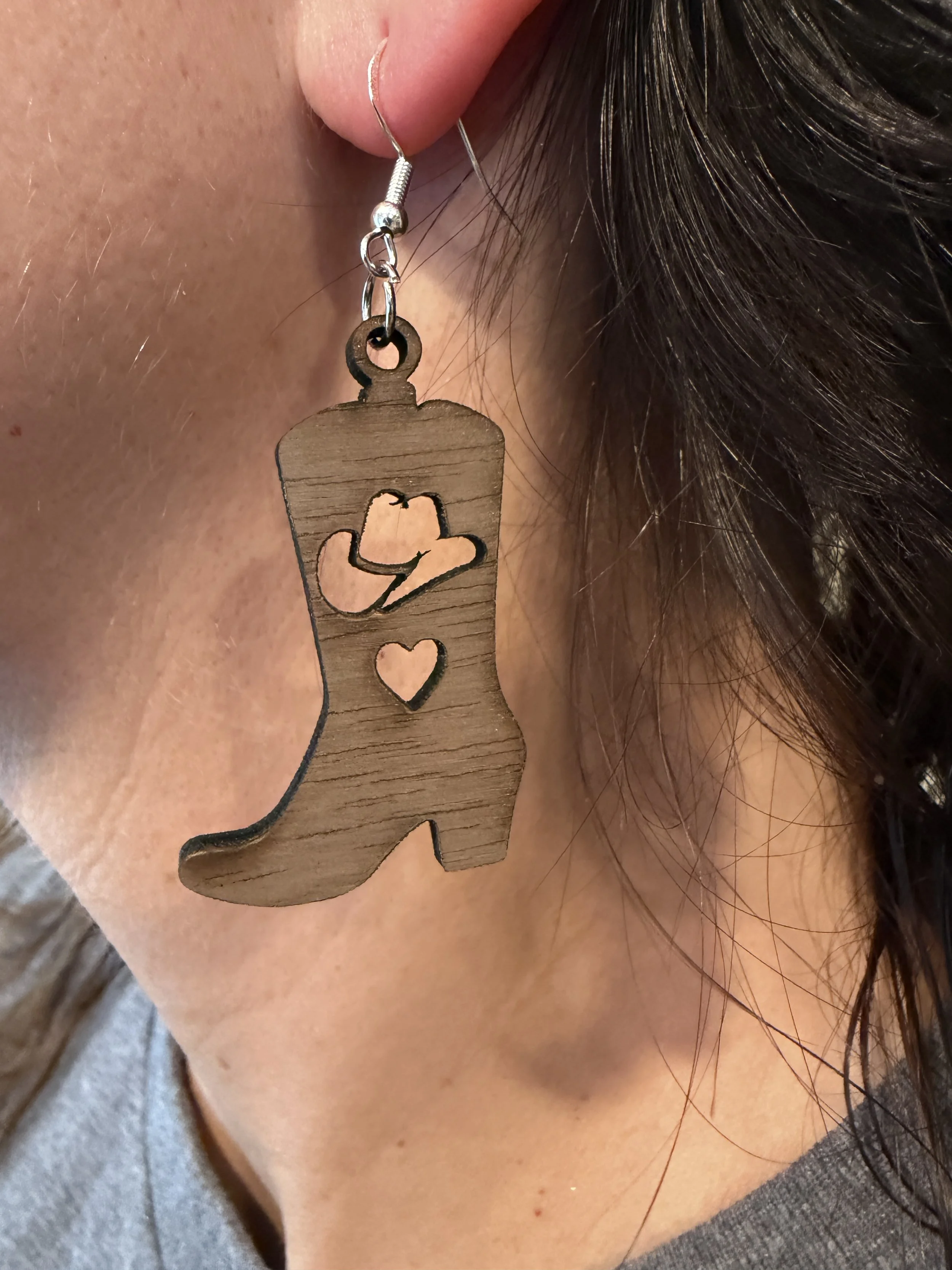 Walnut Earrings - Cowboy Boot Hat and Heart on ear.JPG