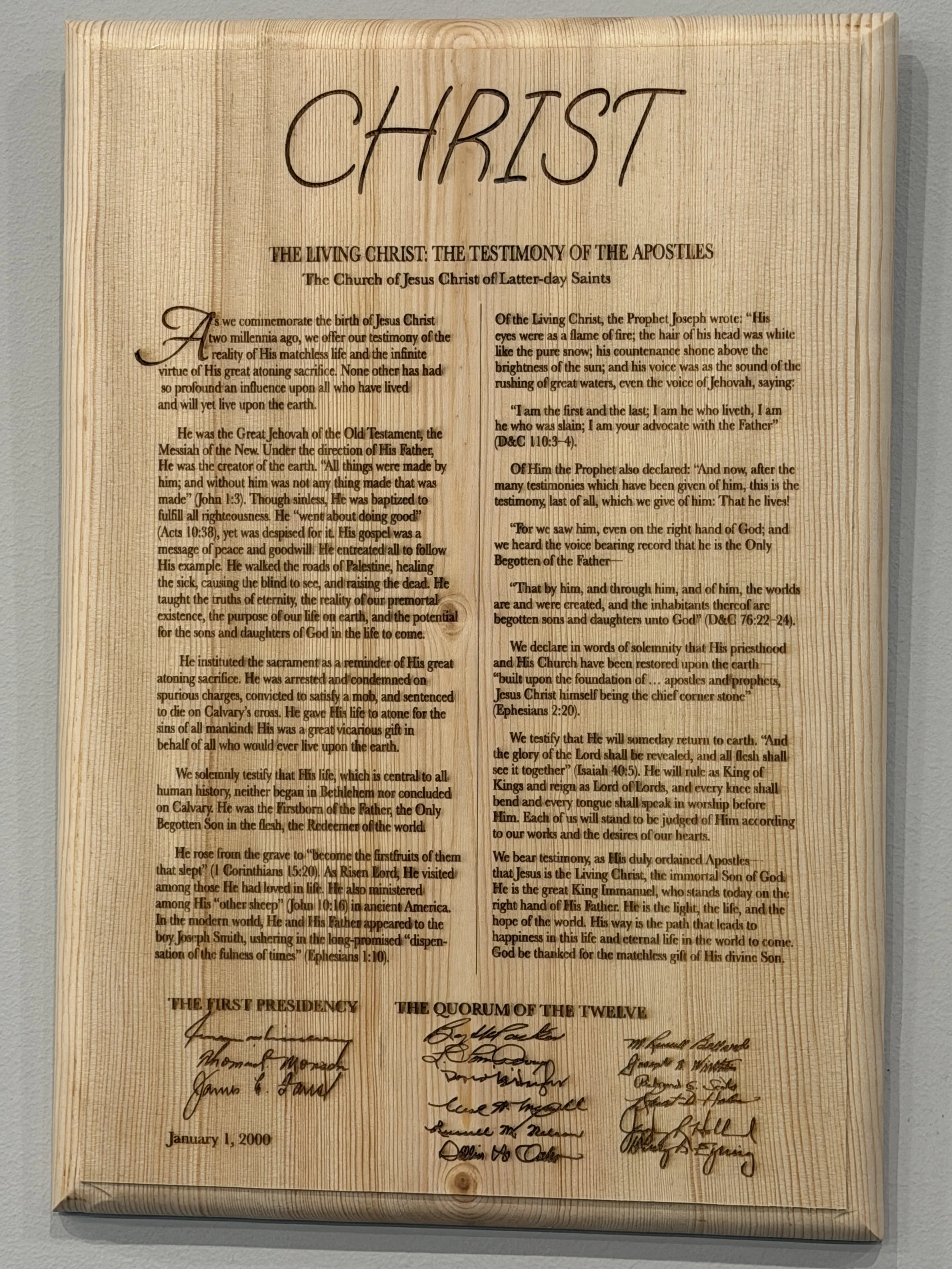 Living Christ Proclamation on Pine on wall.JPG