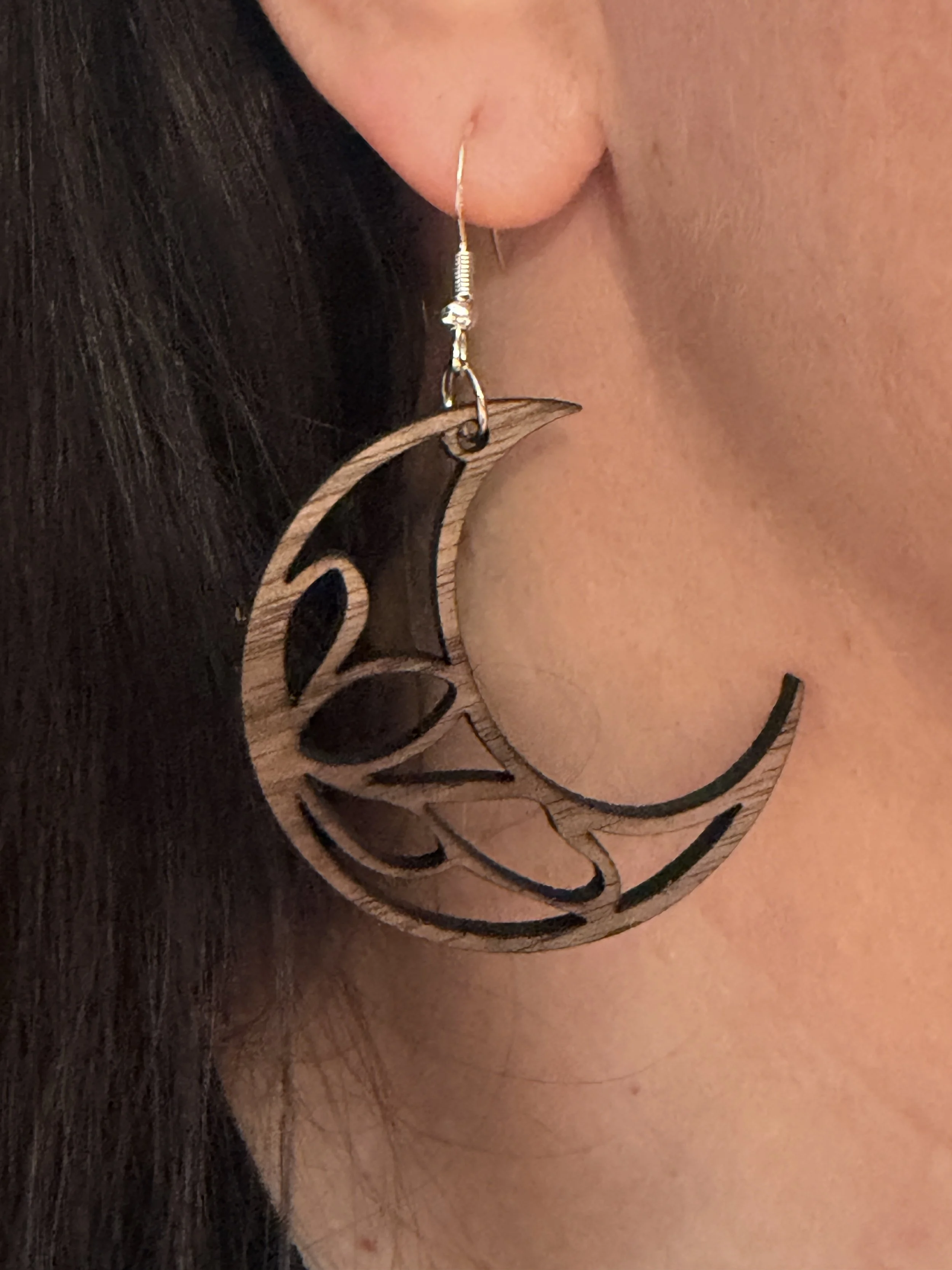 Walnut Crescent Moon Floral Wooden Earrings – Lightweight Laser-Cut Boho Dangle Earrings on Model.JPG