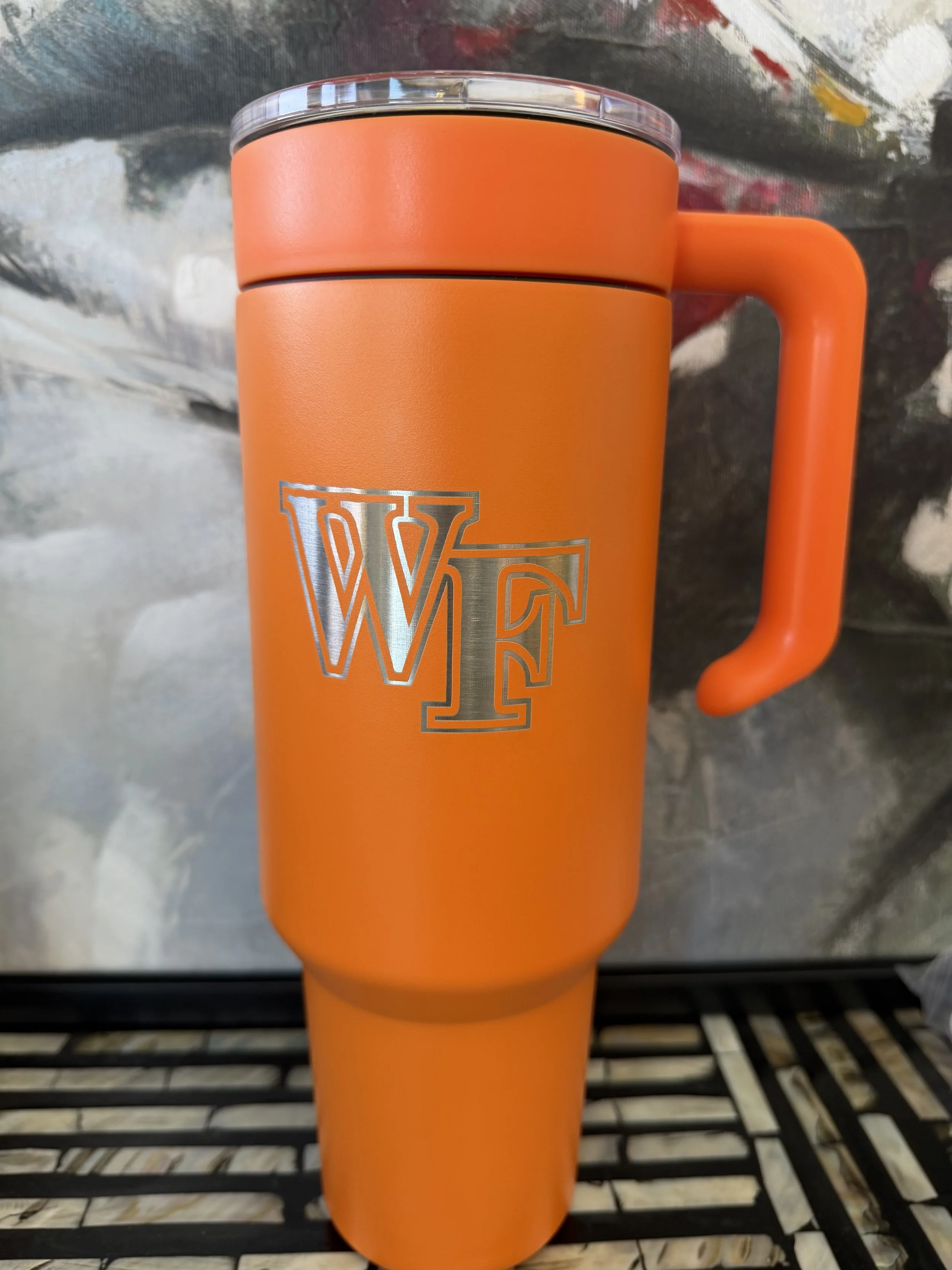 40oz Tumbler Orange Engraved with MakerFlo Handle and Lid Full