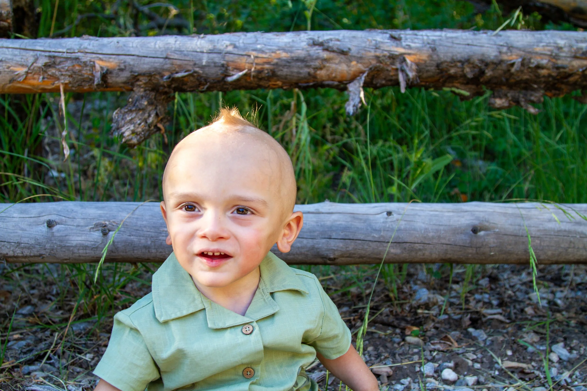 A young boy with light skin and short hair, wearing a light green button-up shirt, is sitting in front of a weathered wooden fence with grass and greenery behind it. The boy is smiling and looking slightly to the camera.
