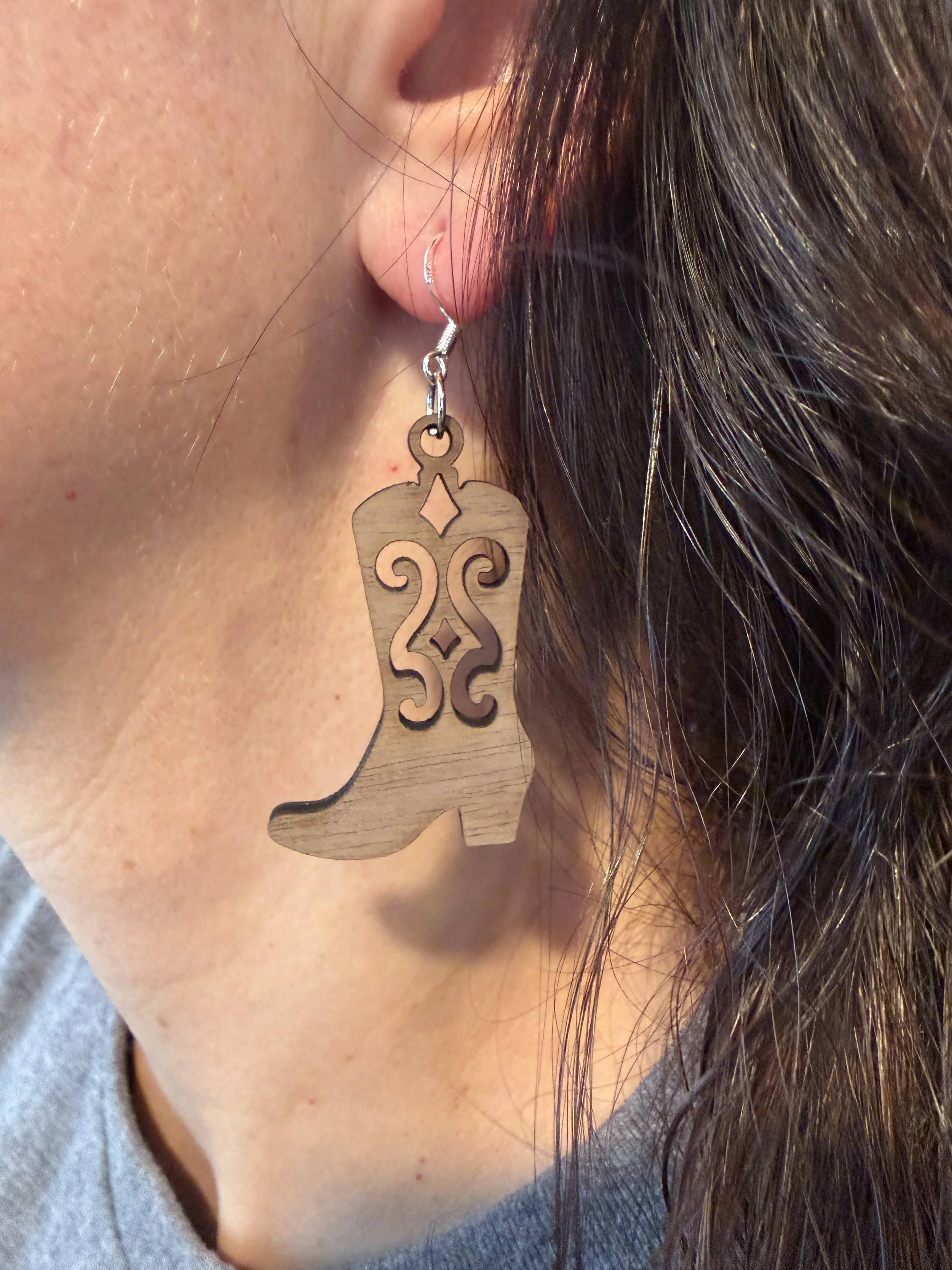 Walnut Earrings - Cowboy Boot Traditional Design on ear.JPG