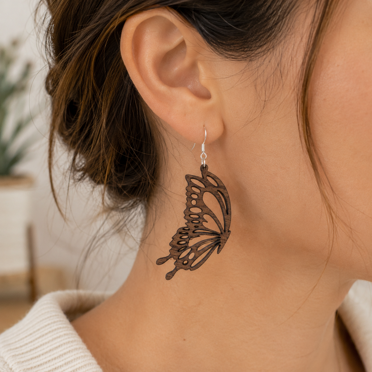 Walnut Butterfly Earrings Wing Pair - On Model.png
