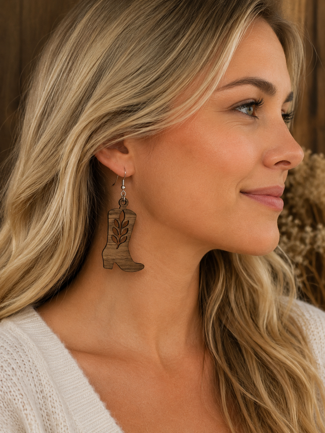 Walnut Earrings - Cowboy Boot Leaf Design On Model.png