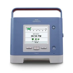 Blue medical device with a screen displaying a timer, buttons, and a handle on top.