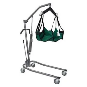 A green and black patient lift sling attached to a metal stand on a wheeled base