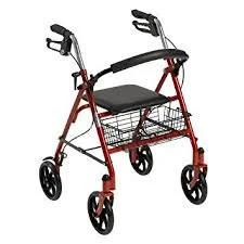 Red rollator walker with a black padded seat, handlebar grips, and a wire basket underneath, used for mobility assistance.