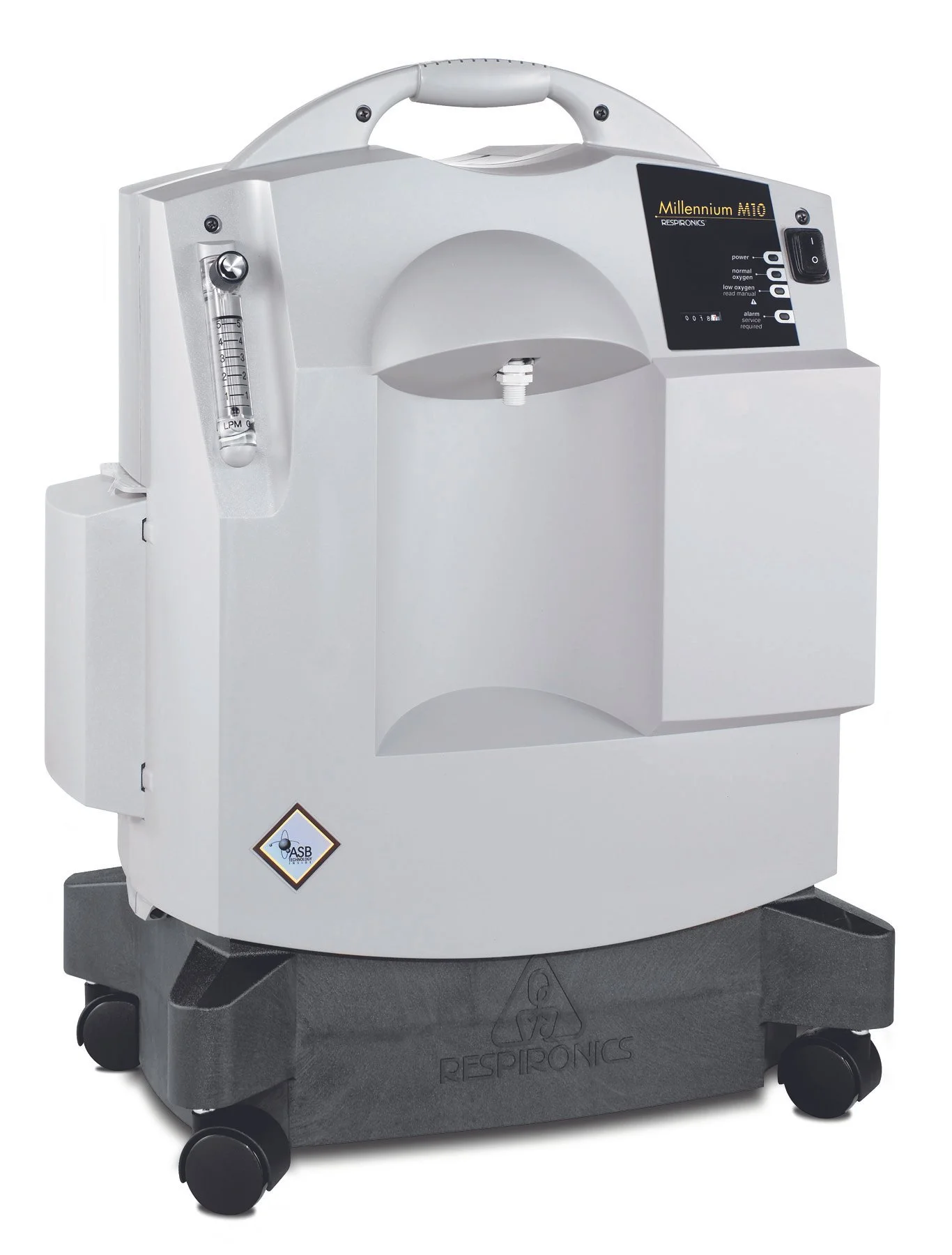 A white medical ventilator machine with a display screen, a handle on top, and a water chamber on the side, on wheels.